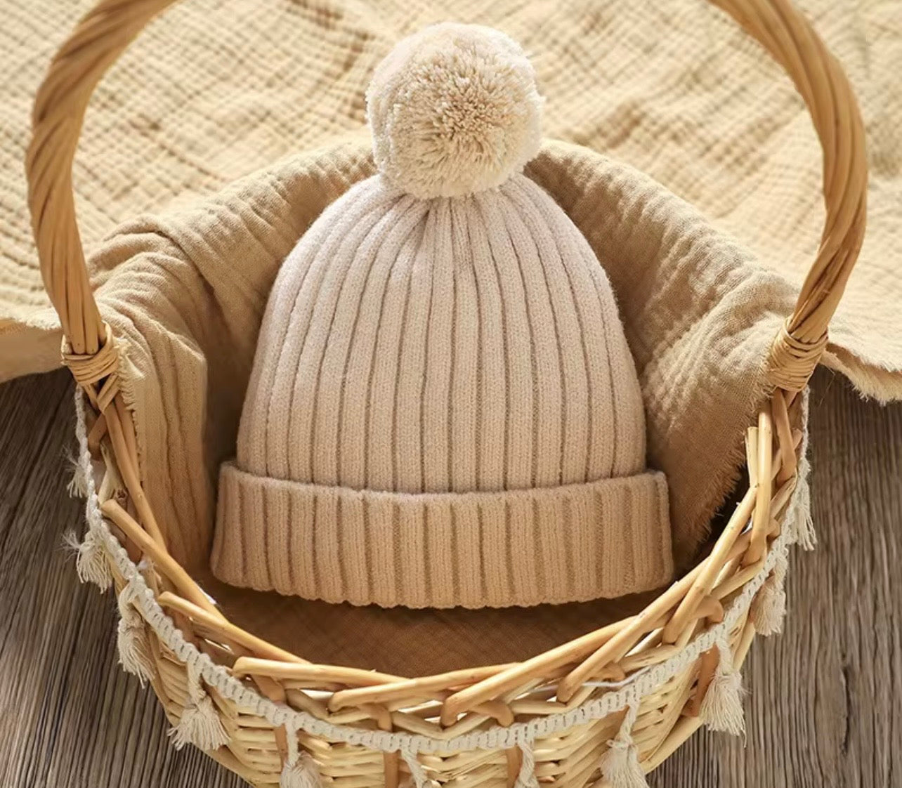 Baby Beanies Knitted with Pom Pom – Autumn & Winter ( Name Personalisation Available – Embroidered)