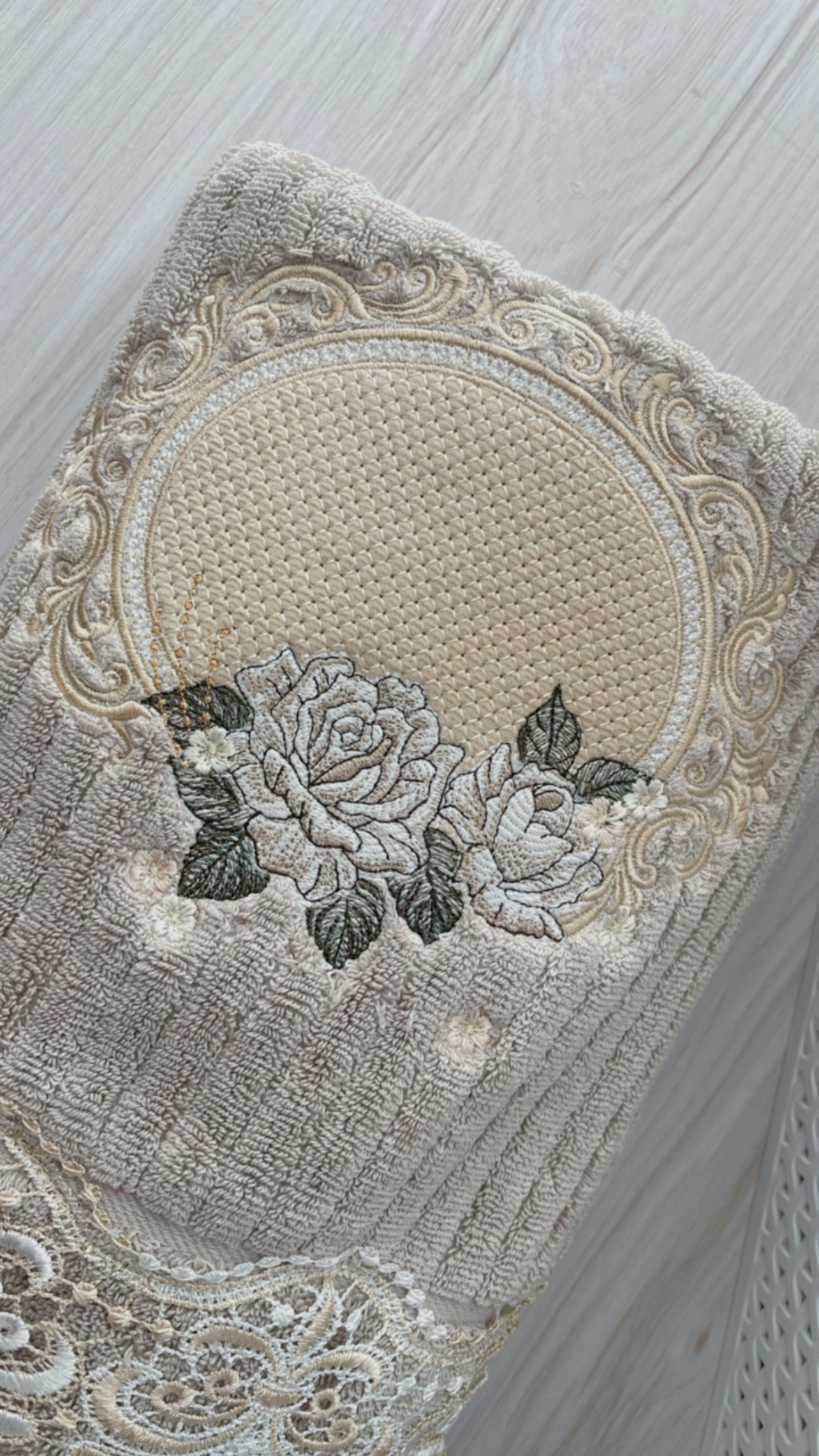 Embroidery Bath Towel Set - Luxury Beige Taupe & White - 3 pcs