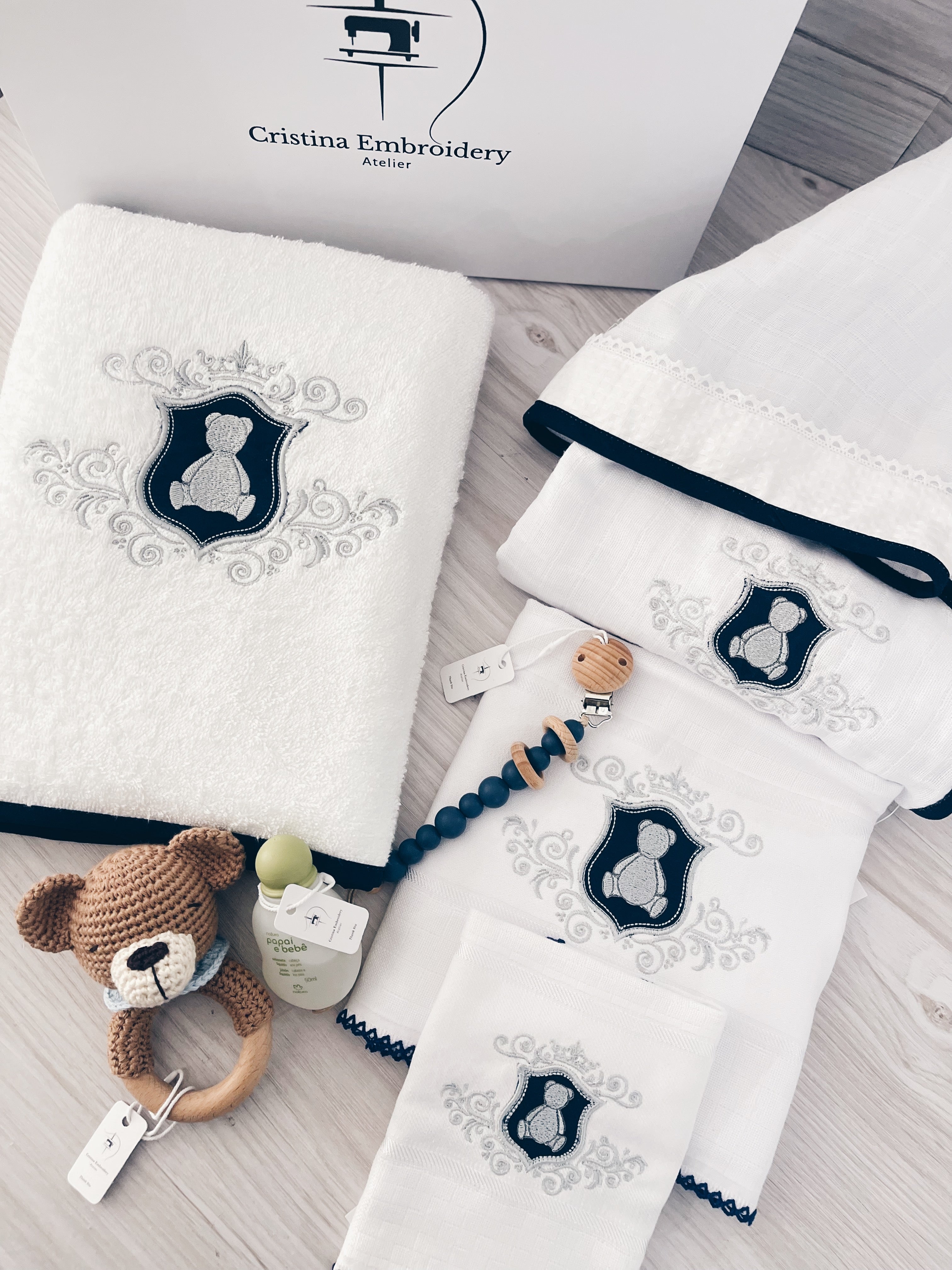 Gif Box Embroidery Hamper For Baby Boy  - Gray/Navy Blue Frame 8 item