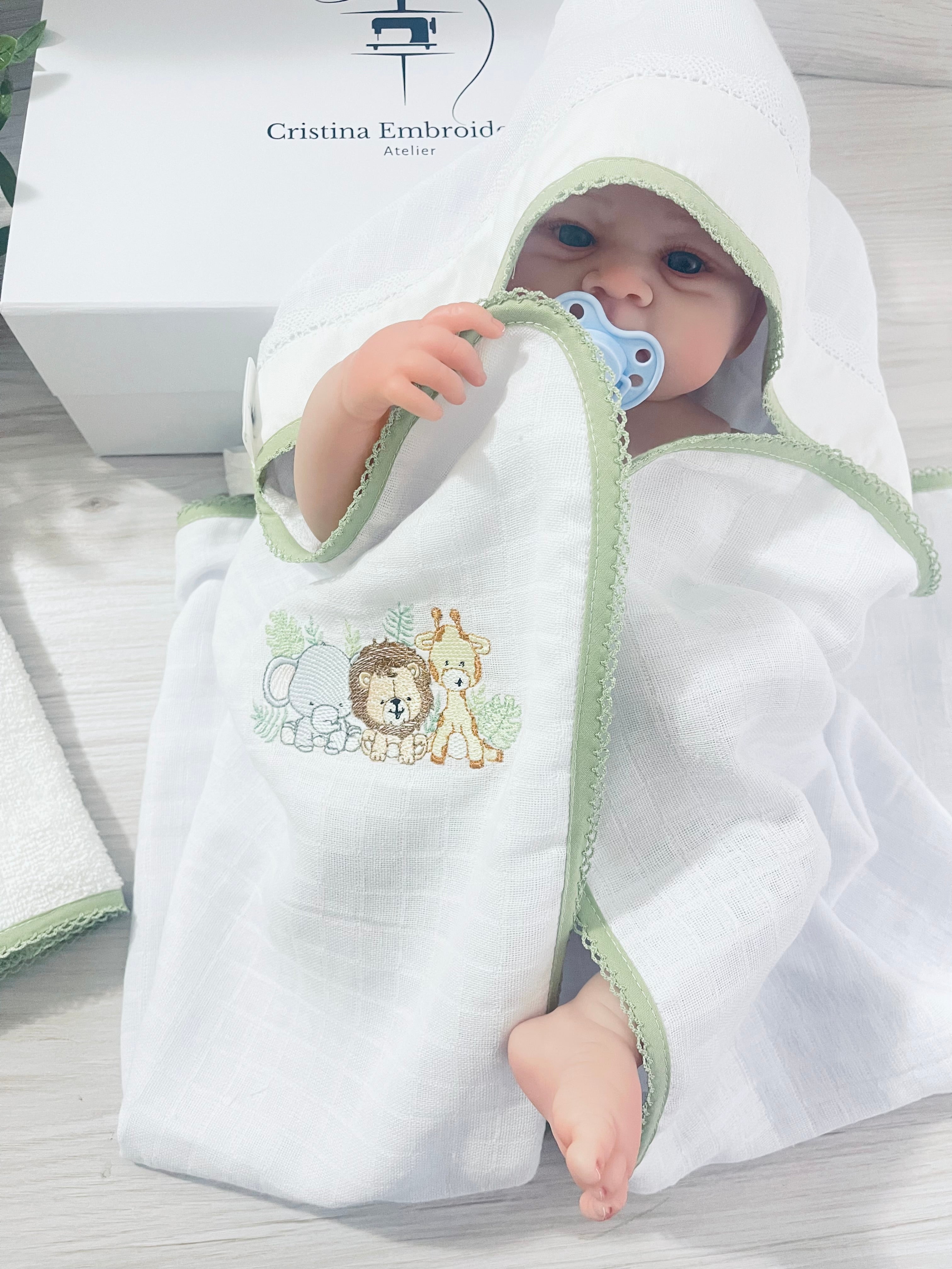 Embroidered Baby Gift Box – Handcrafted Hamper with 6 Essentials -Safari