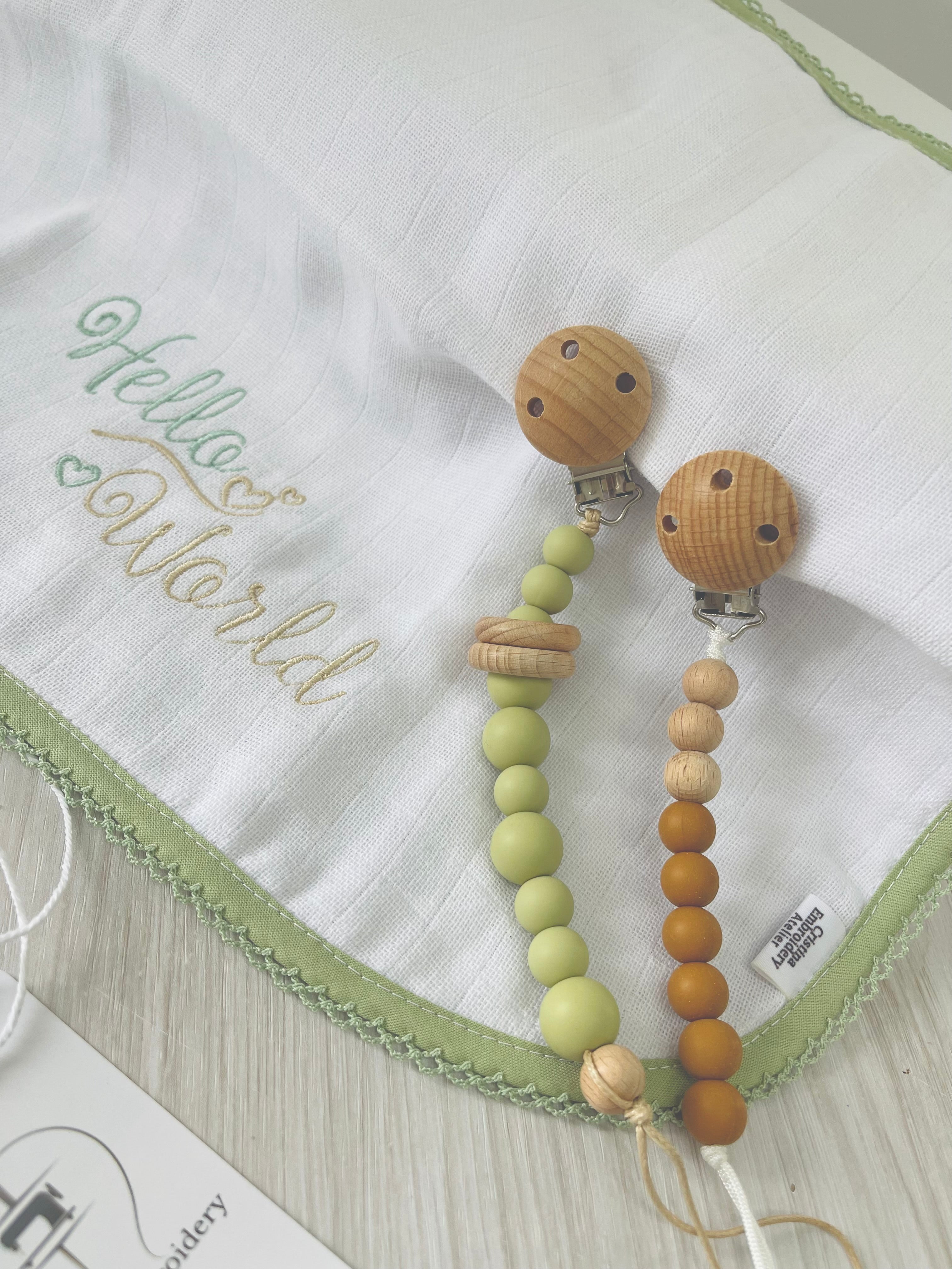 Pacifier Clip - “Hello World” Embroidered Burp Cloth- Green