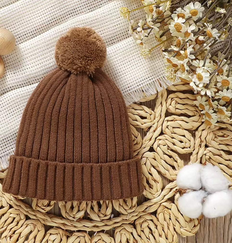 Baby Beanies Knitted with Pom Pom – Autumn & Winter ( Name Personalisation Available – Embroidered)