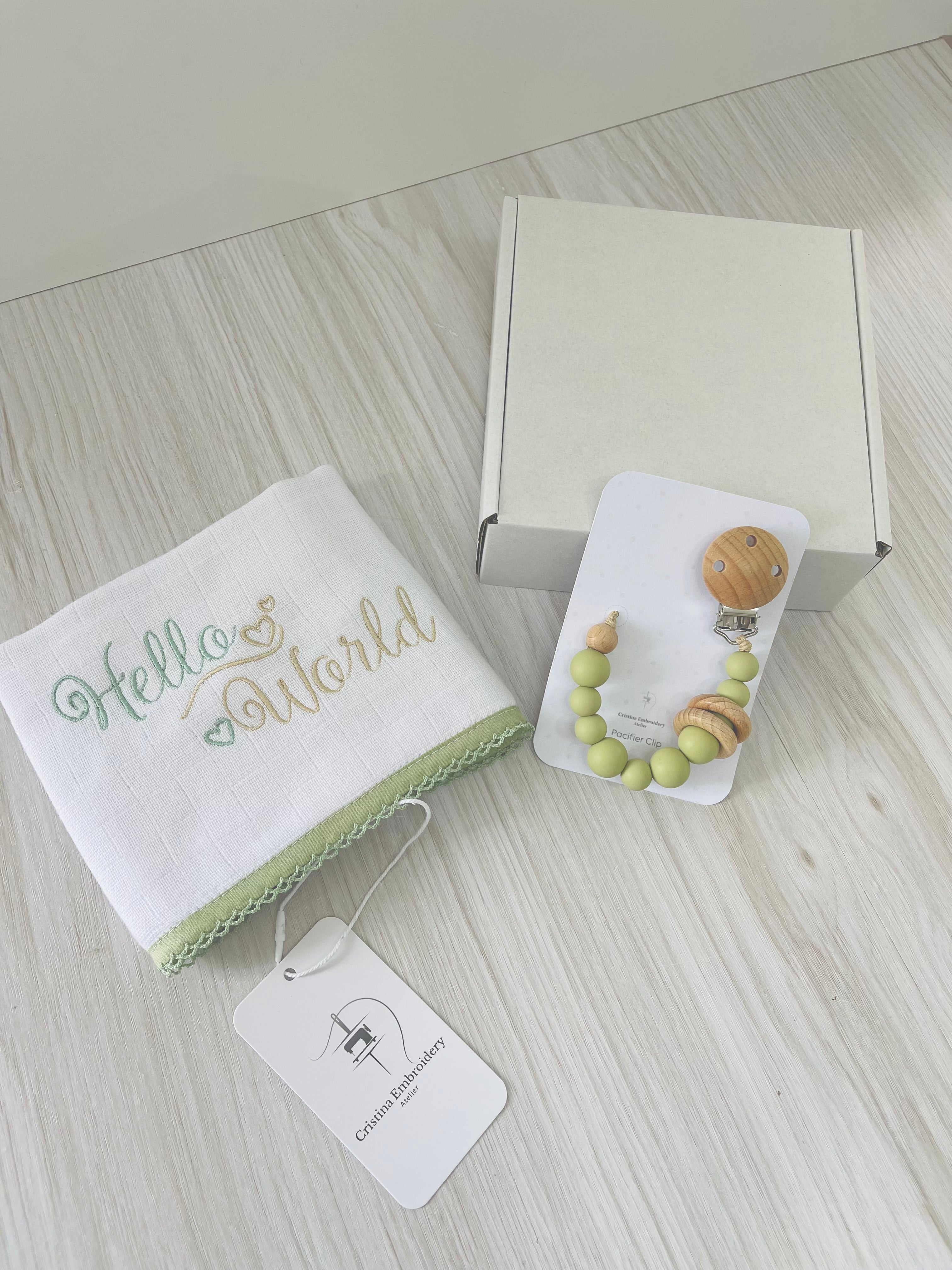 Pacifier Clip - “Hello World” Embroidered Burp Cloth- Green
