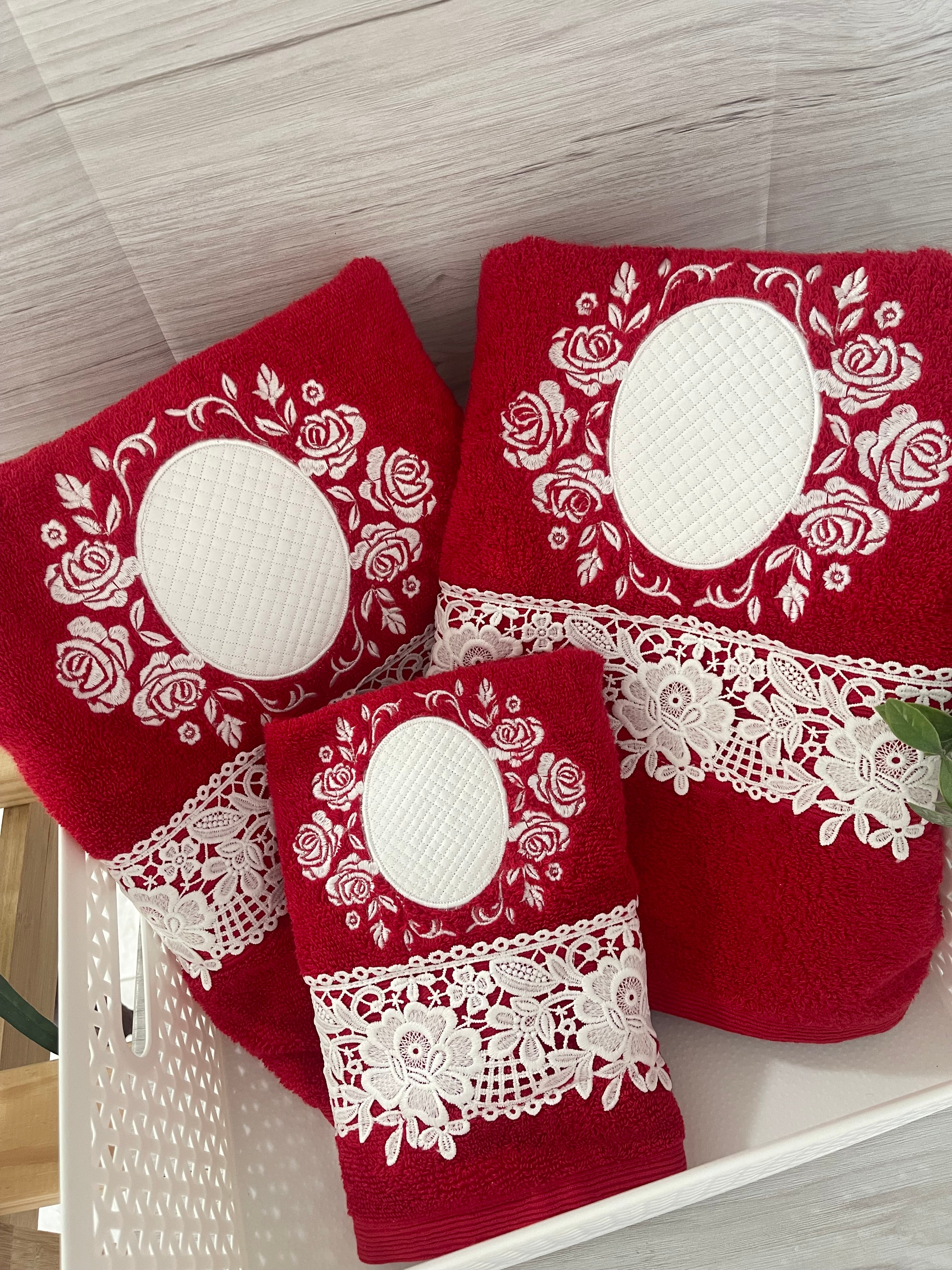 Embroidery Red Bath Towel Set