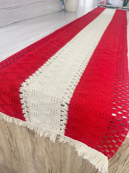 Table Runner – Christmas Red & Cream Bohemian Design with Tassels (30x183cm)