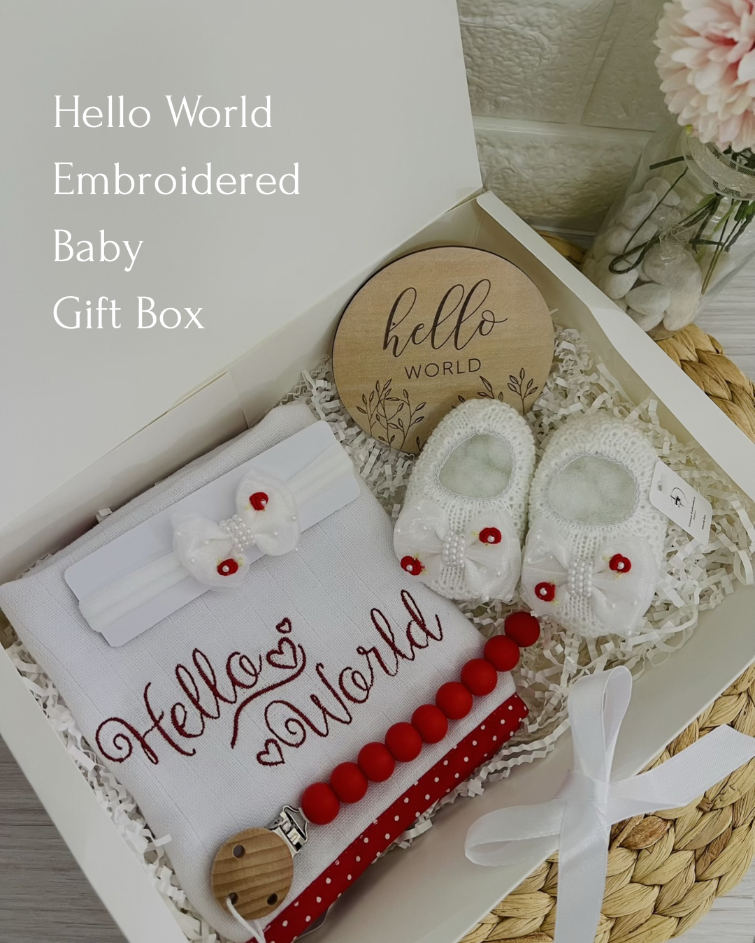 "Hello World" Gift Box Baby Girl / Sweet Tulle Bow White/Red