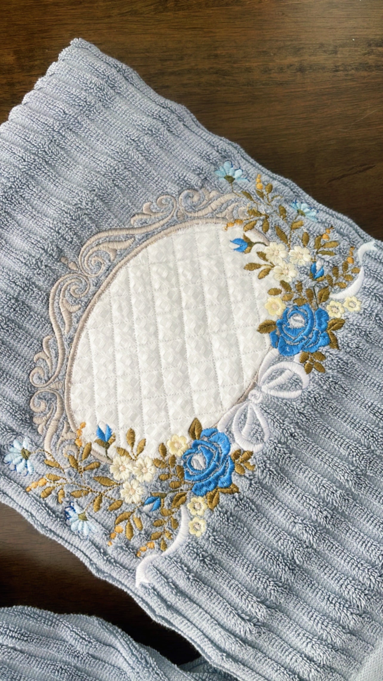 Blue Grey with Floral Frame | Luxury Embroidered Towel Set - 3 Piece
