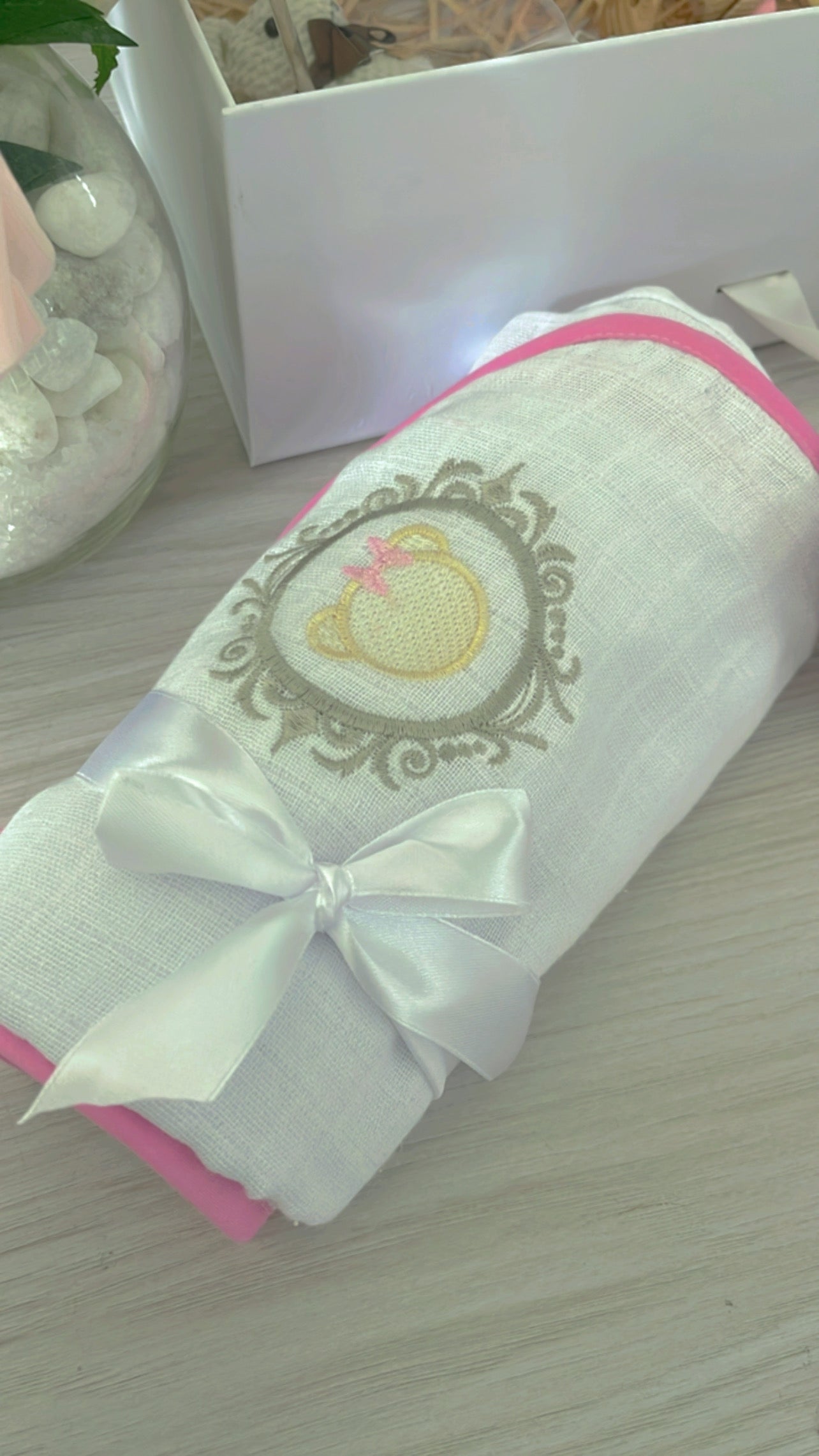 Embroidered Baby Girl Gift Box – Handcrafted Hamper with 7 Essentials - Frame Head Teddy Bear