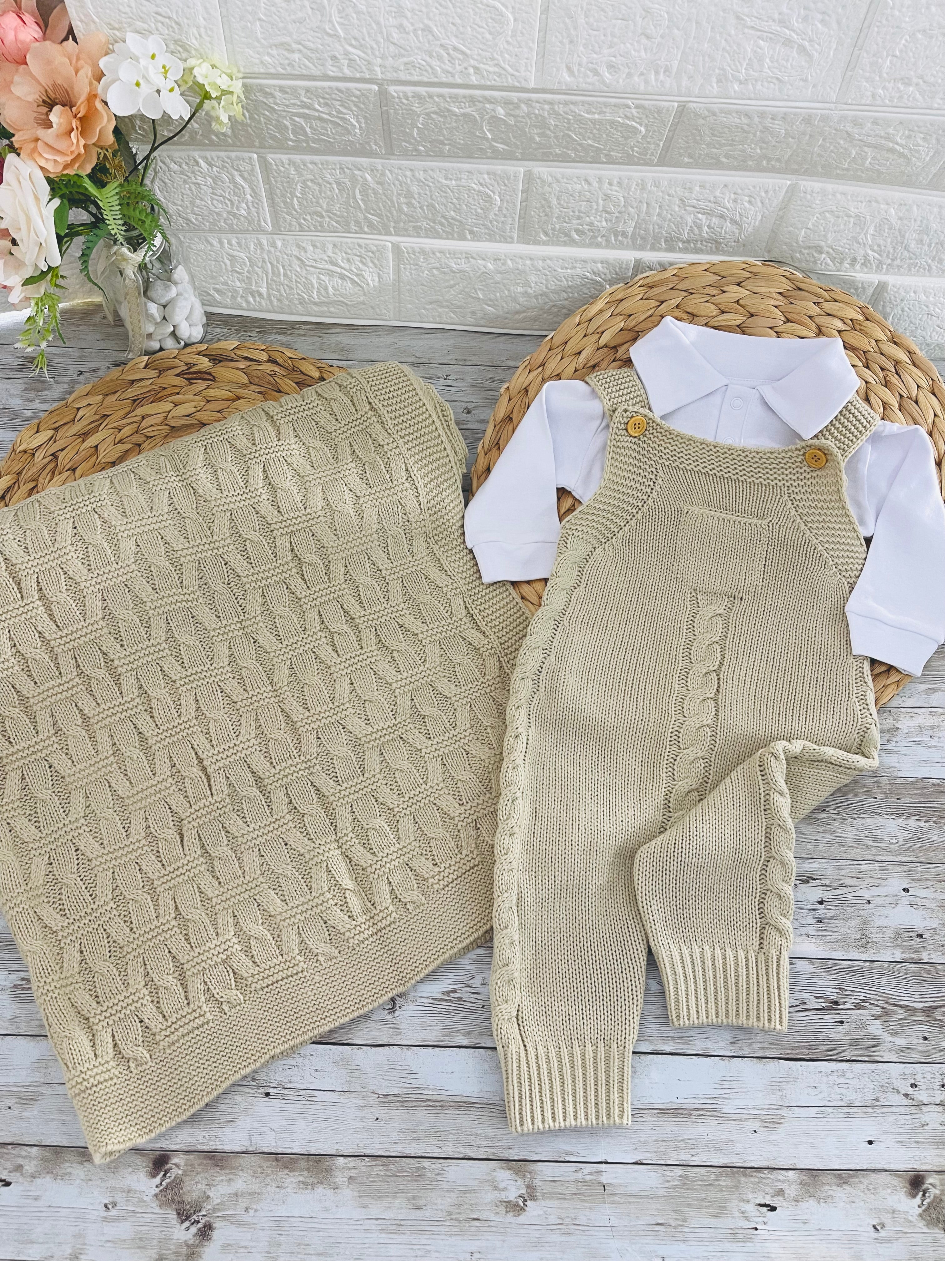 Beige - Knitted Baby Boy Outfit - Front Pocket (0-3 months) 3pcs