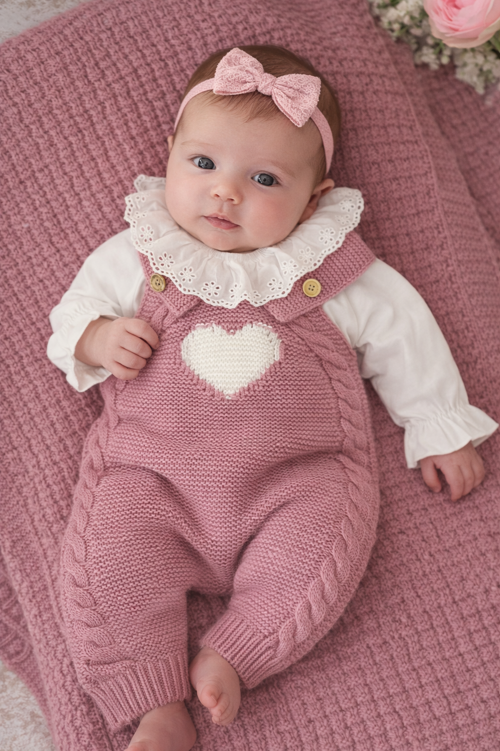 Rose - Baby Girl knitted Romper Set (0-3 months)