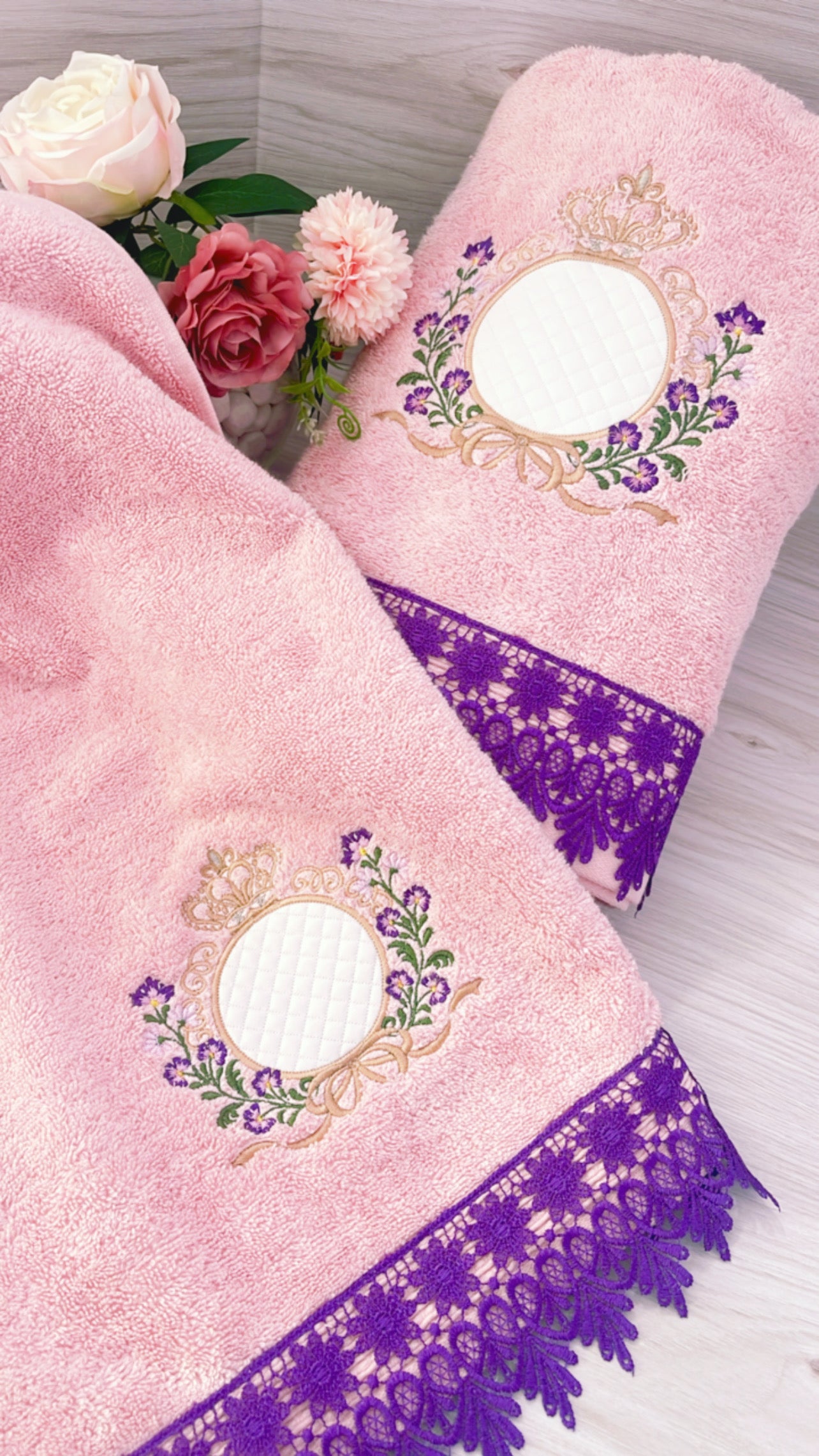 Embroidery Bath Towels Set -Purple- 2 pcs
