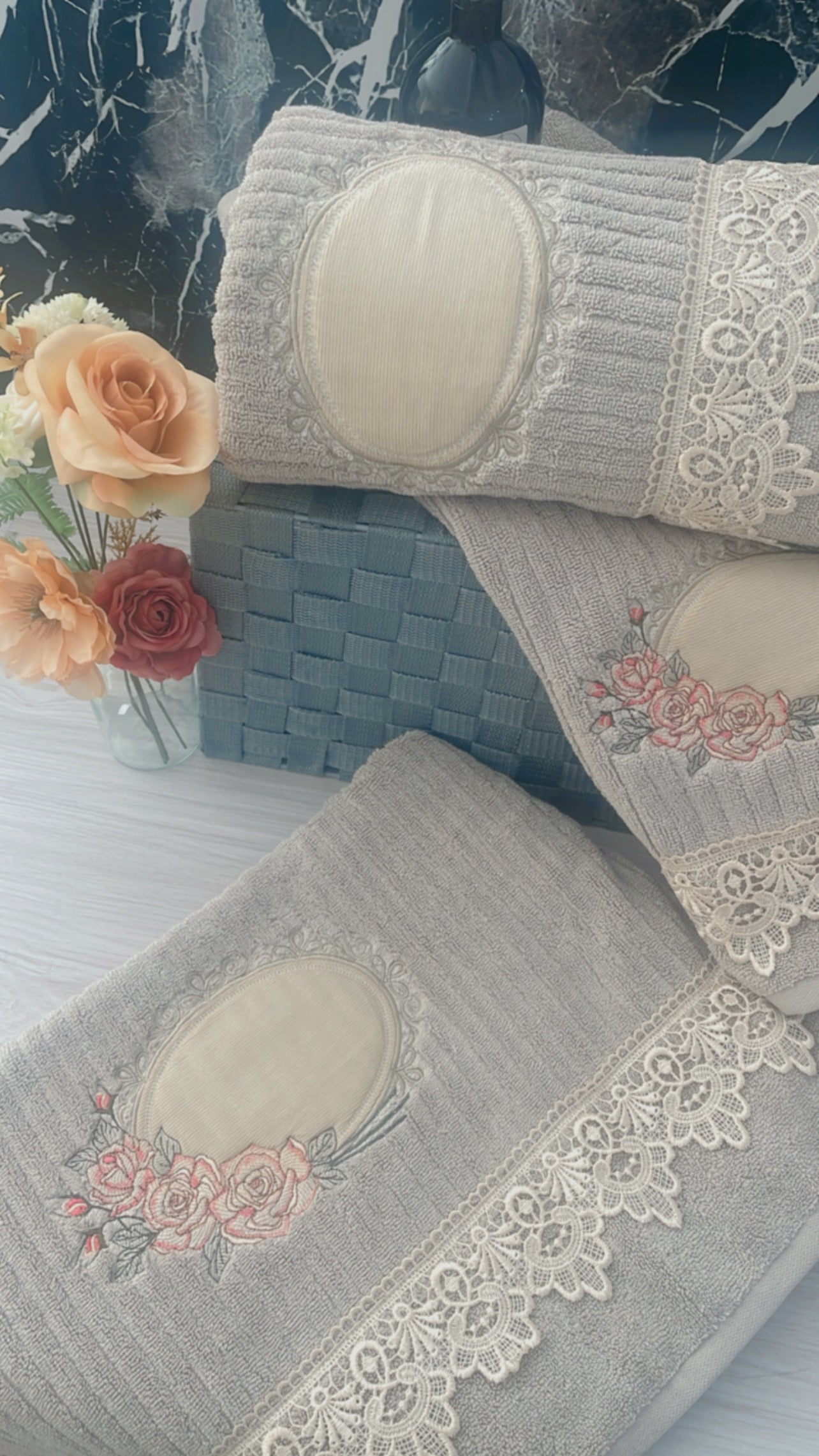 Embroidery Bath Towels Set - Beige - Roses Frame 3 pcs