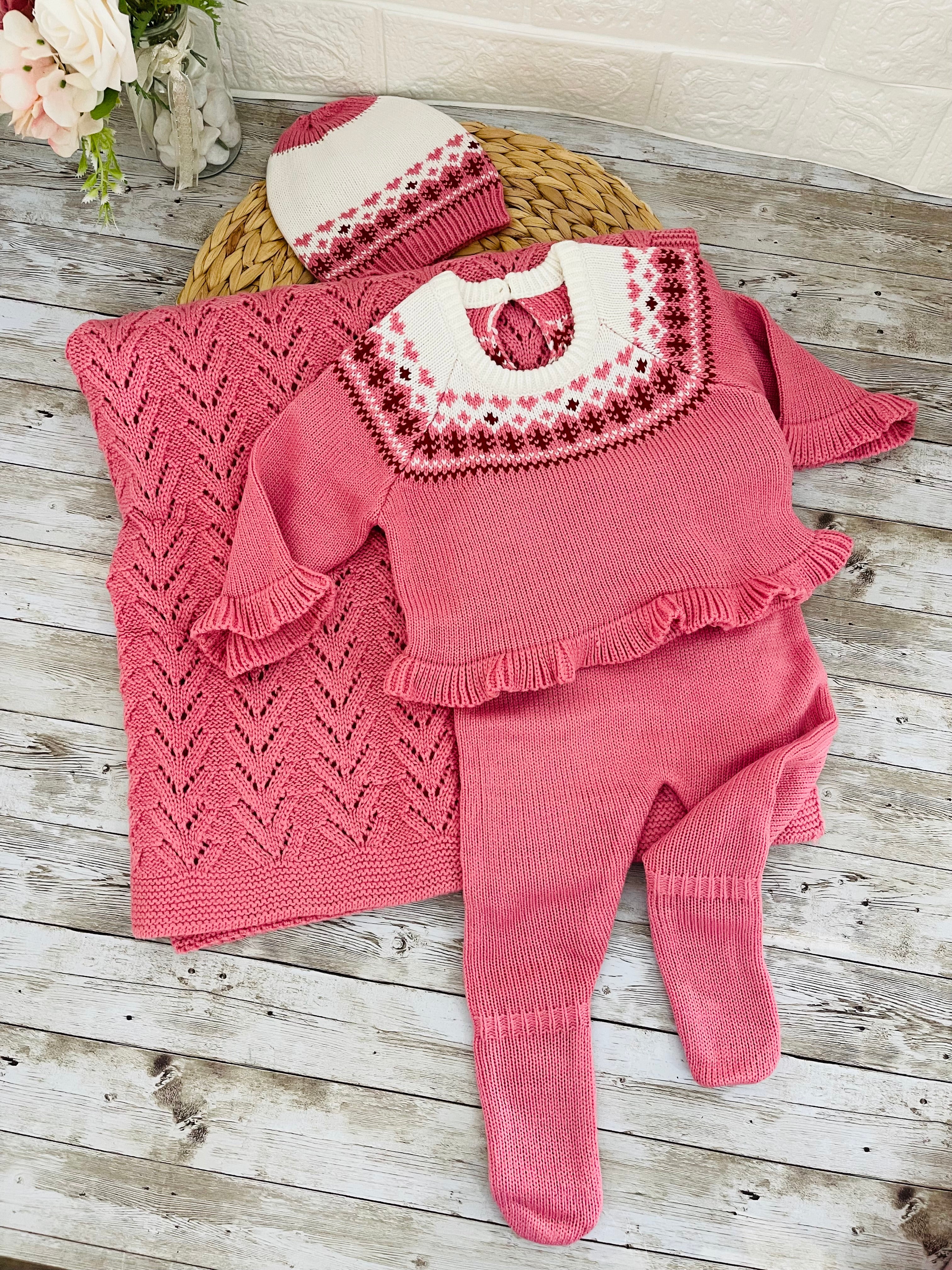 Dark Pink  - Baby knitted set with 4 pieces: Blouse with sleeves and lace collar – pants and blanket (0-3 months)