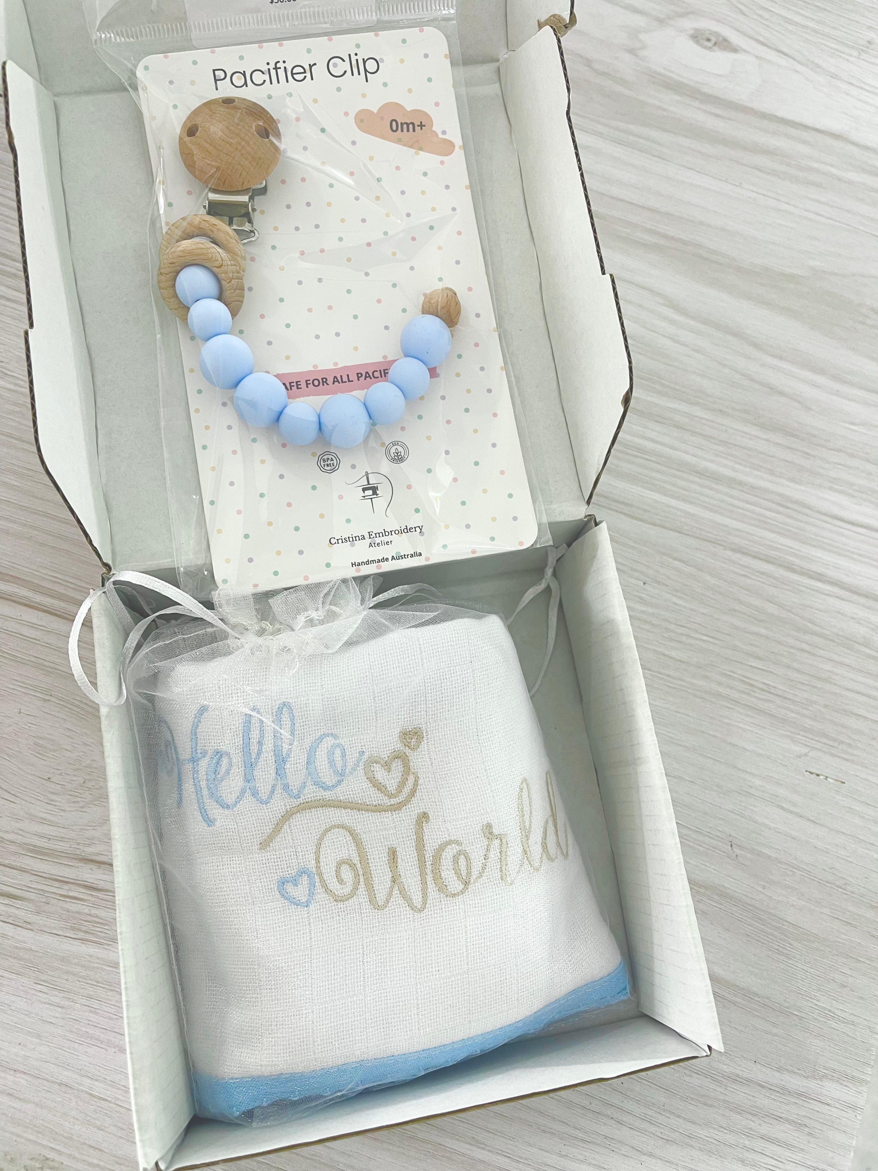 Pacifier Clip - “Hello World” Embroidered Burp Cloth - Baby Blue