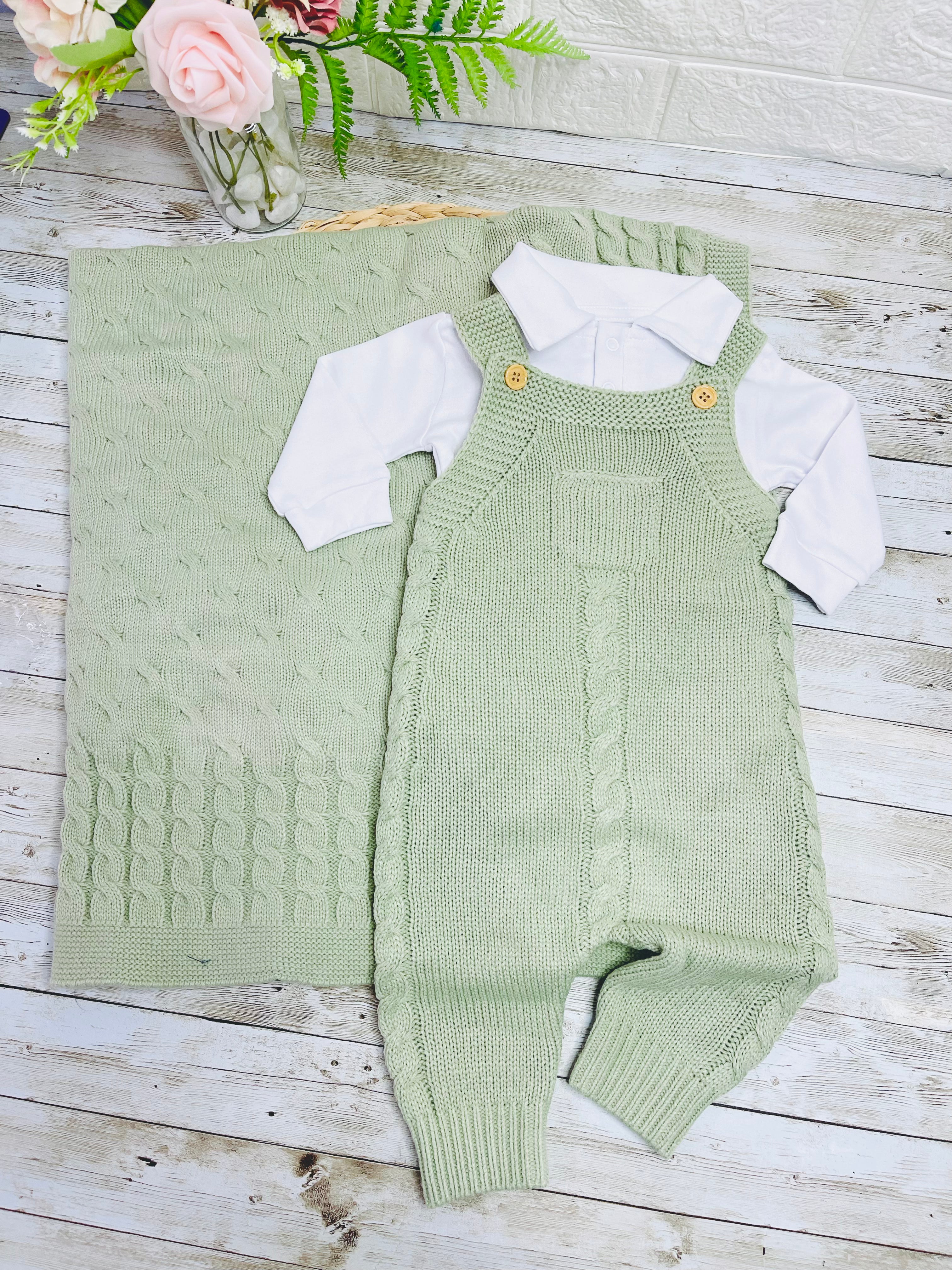 Sage Green - Knitted Baby Boy Outfit - Front Pocket (0-3 months) 3pcs