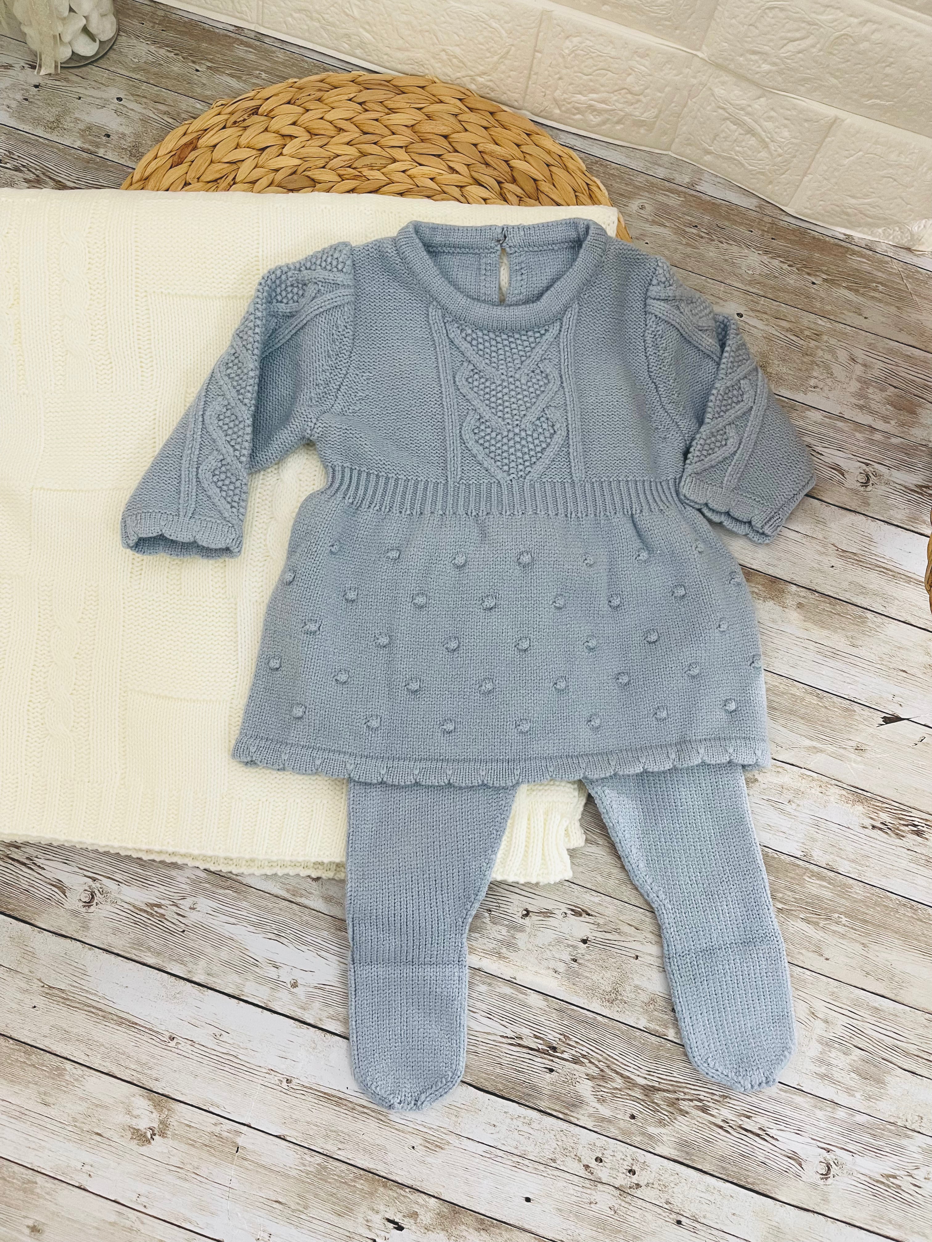 Blue - Dress Style Design Knitted Baby Coming Home Outfit For Girl –3 Piece Set (0-3months)