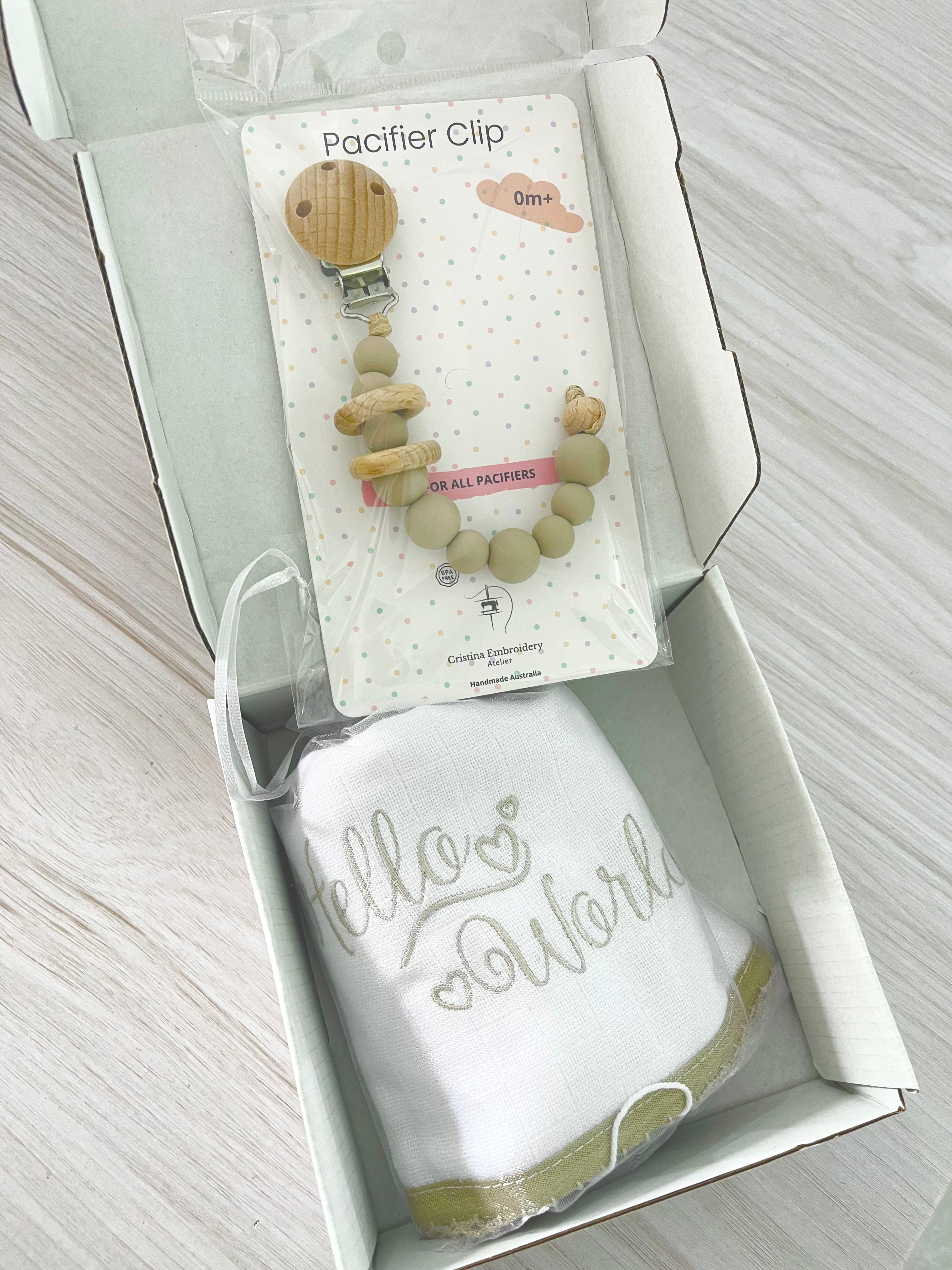 Pacifier Clip - “Hello World” Embroidered Burp Cloth - khaki