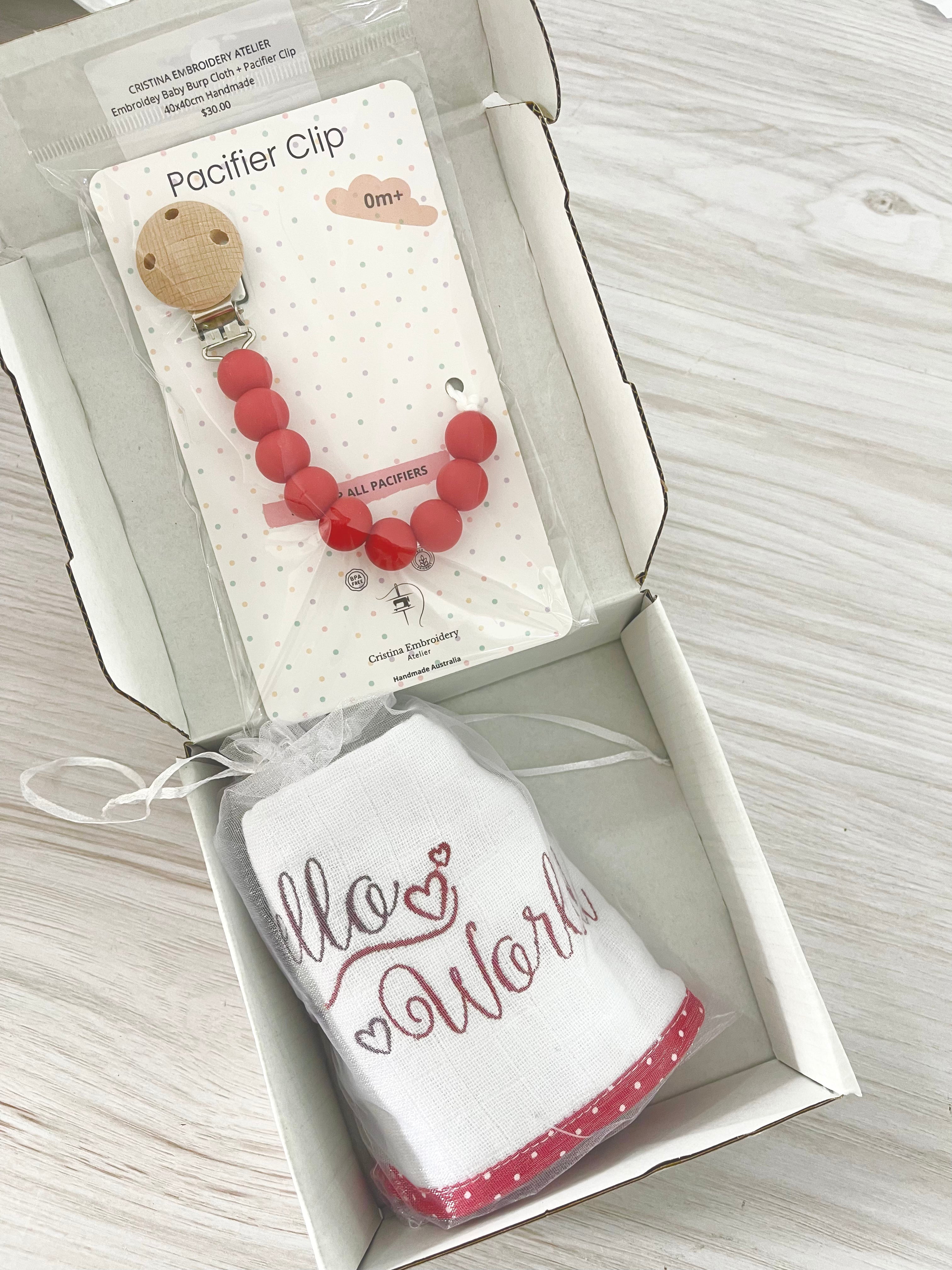 Pacifier Clip - “Hello World” Embroidered Burp Cloth - Red