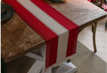 Table Runner – Christmas Red & Cream Bohemian Design with Tassels (30x183cm)