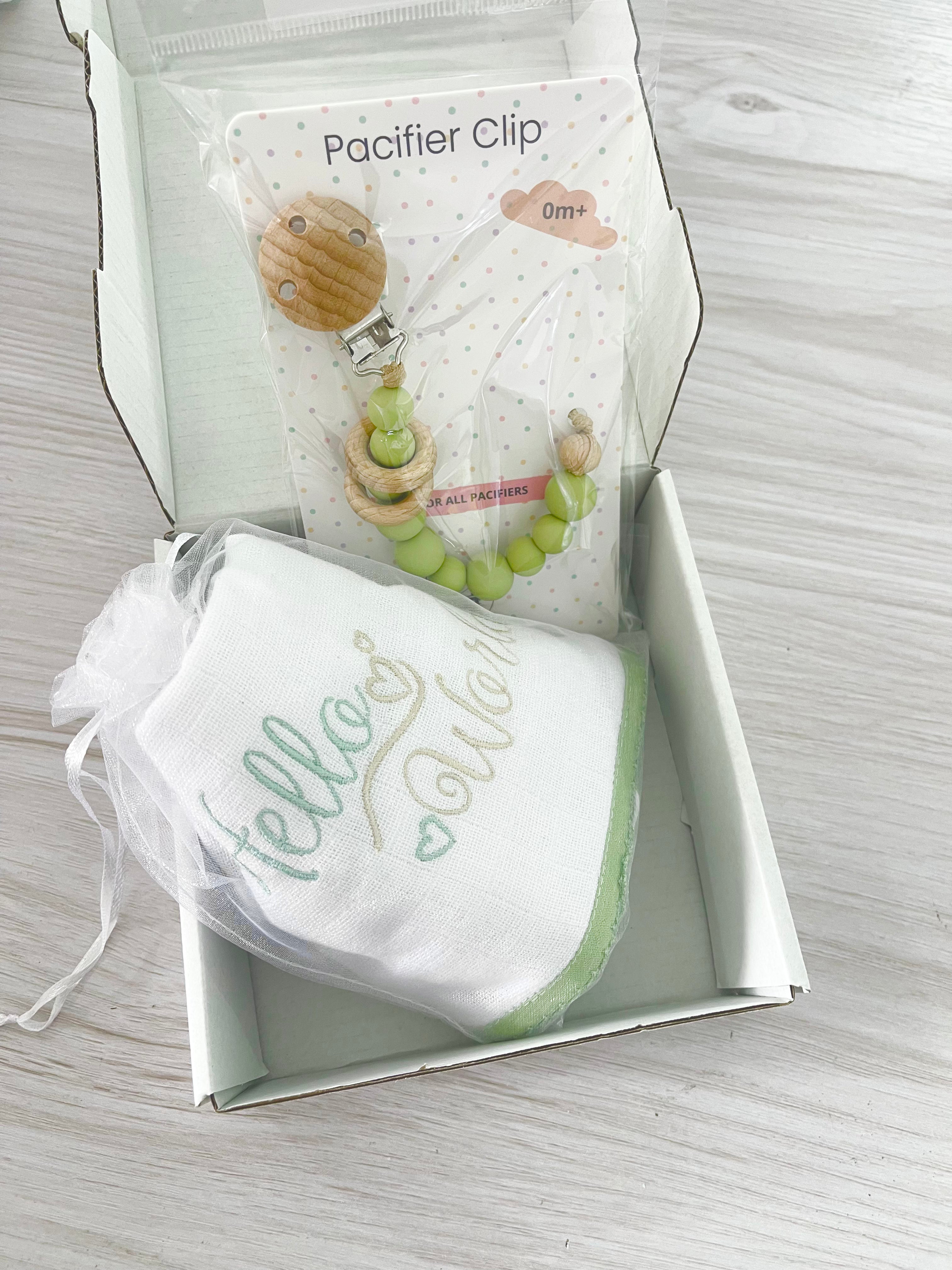 Pacifier Clip - “Hello World” Embroidered Burp Cloth- Green