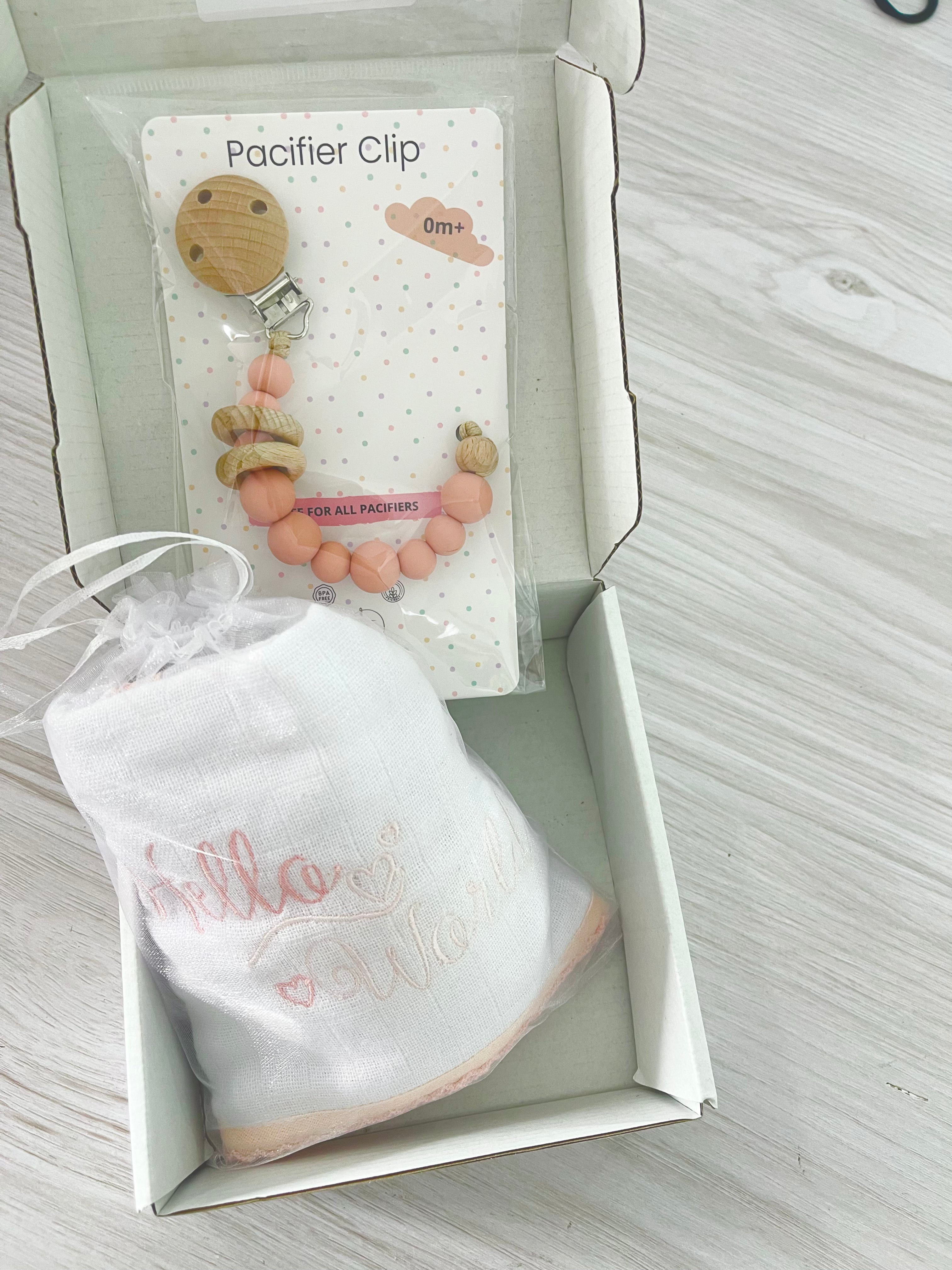 Pacifier Clip - “Hello World” Embroidered Burp Cloth - Baby Salmon