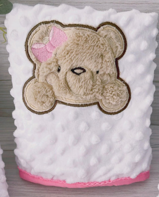 Polka-Dot Baby Blanket with 3D Bear Applique Embroidery – Pink Trim,