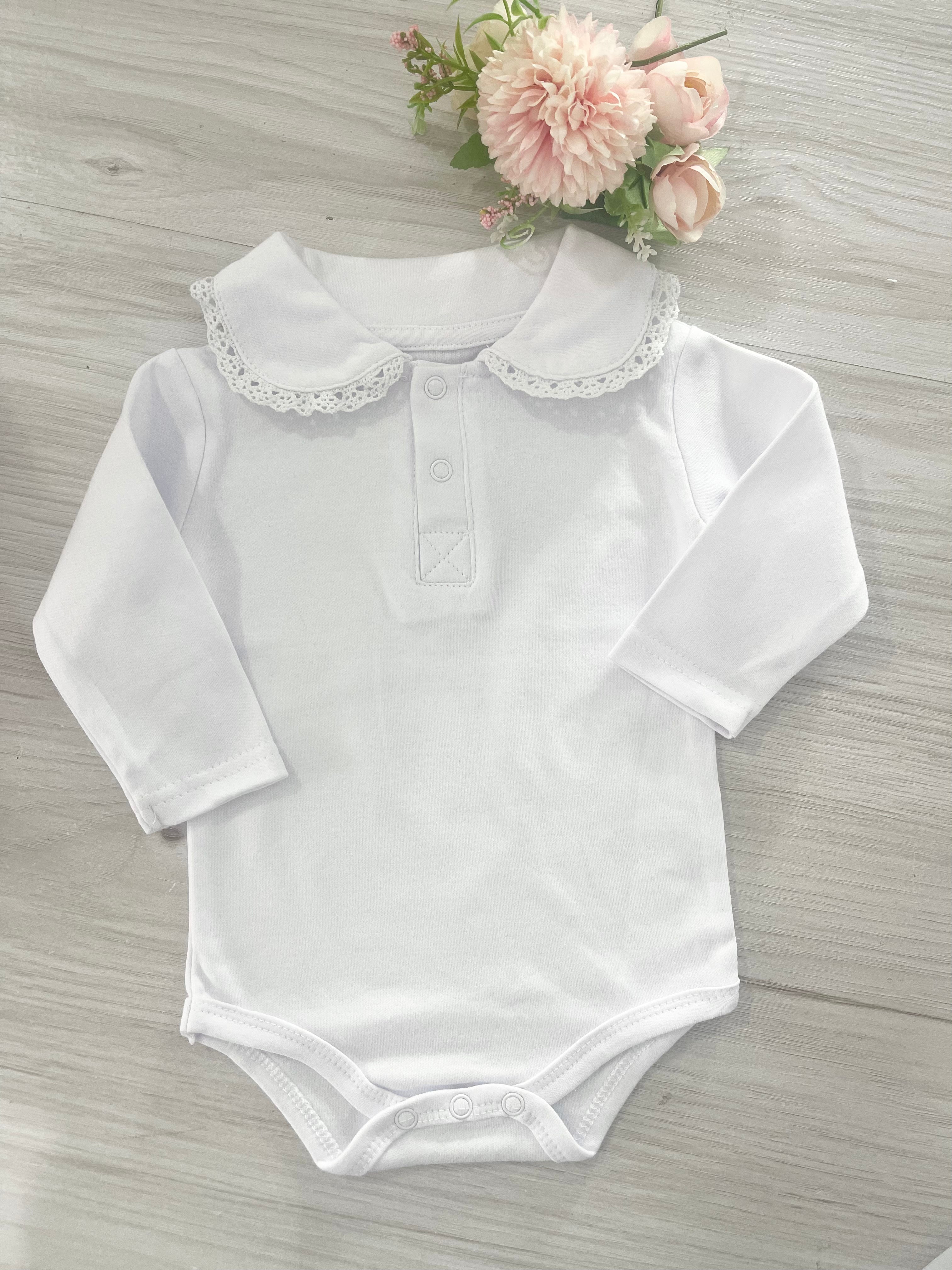 White Baby Bodysuit with Lace Collar – Personalised Embroidery
