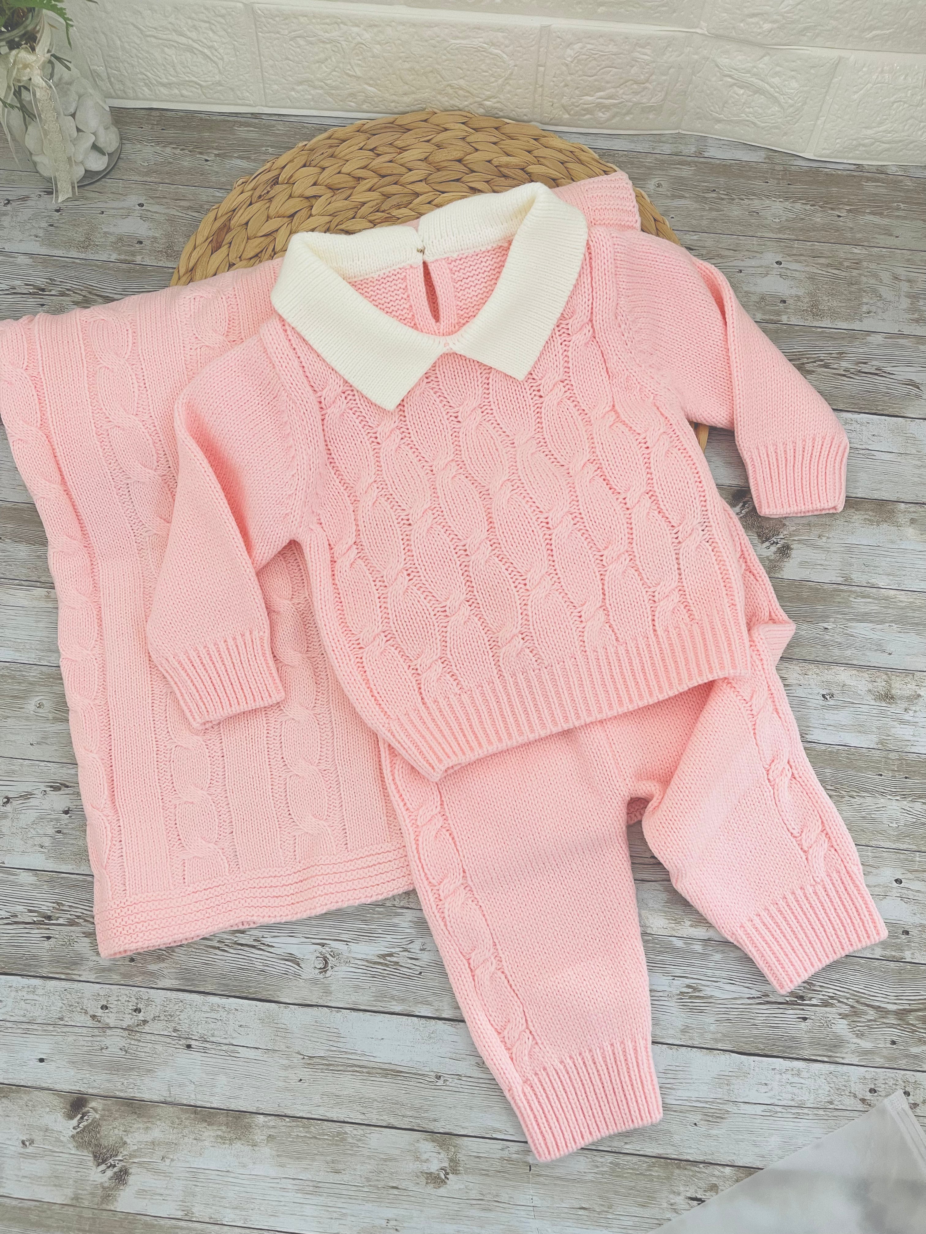 Light Pink - Baby Knit 3-Piece Set – Sweater, Pants & Blanket (0–3 Months)