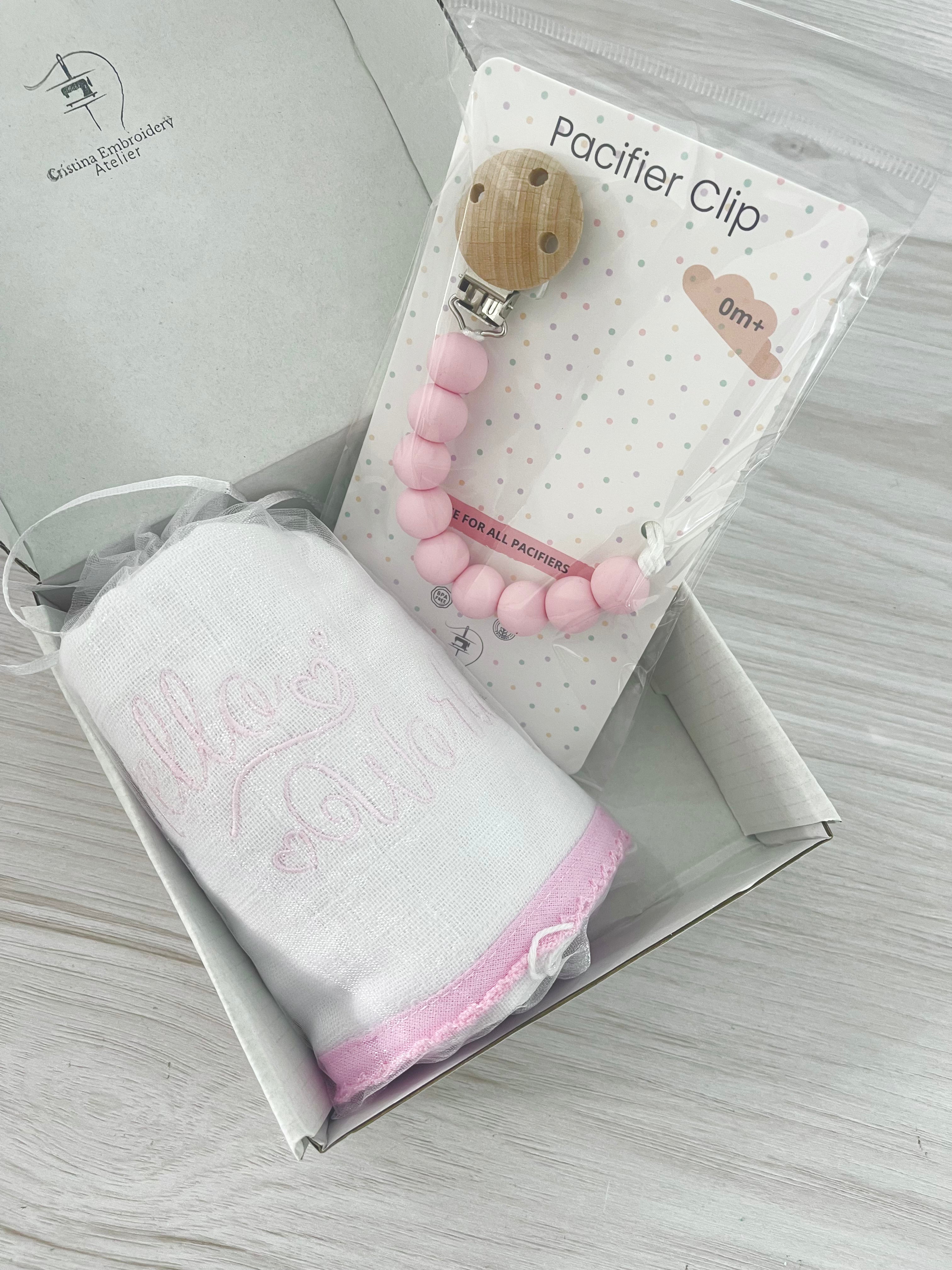 Pacifier Clip - “Hello World” Embroidered Burp Cloth - Baby Pink
