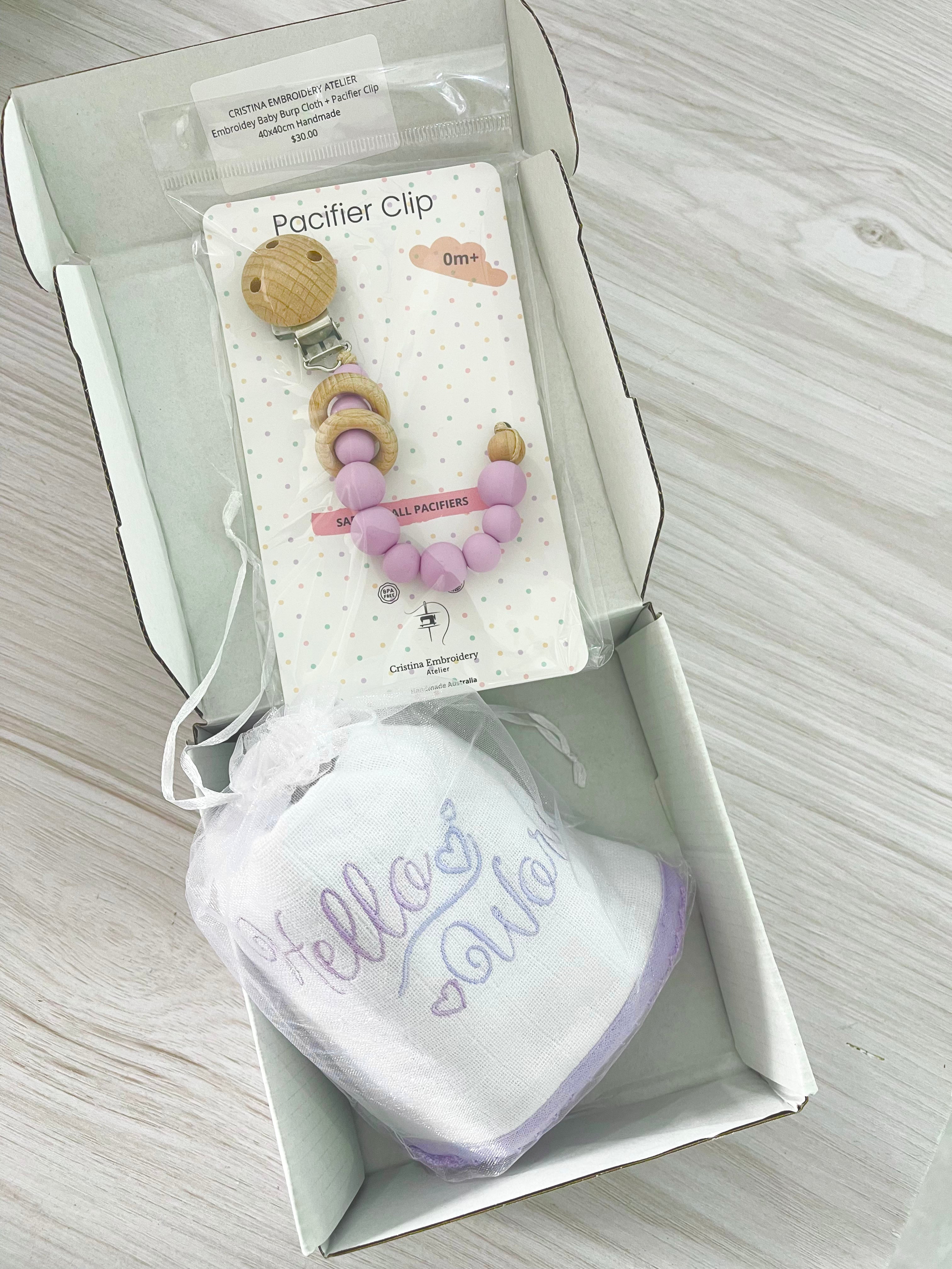 Pacifier Clip - “Hello World” Embroidered Burp Cloth - Purple