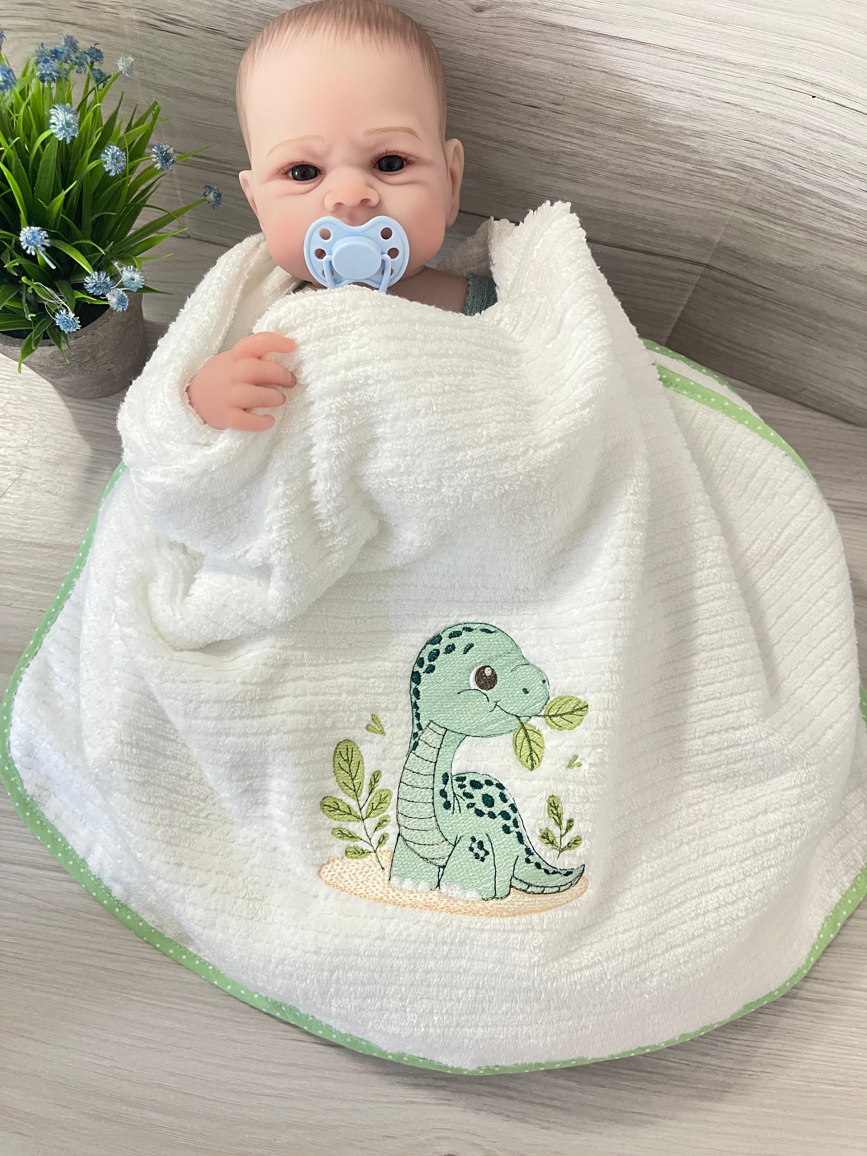 Embroidered Baby Gift Box – Handcrafted Hamper with 7 Essentials - Green Baby Dinosaur