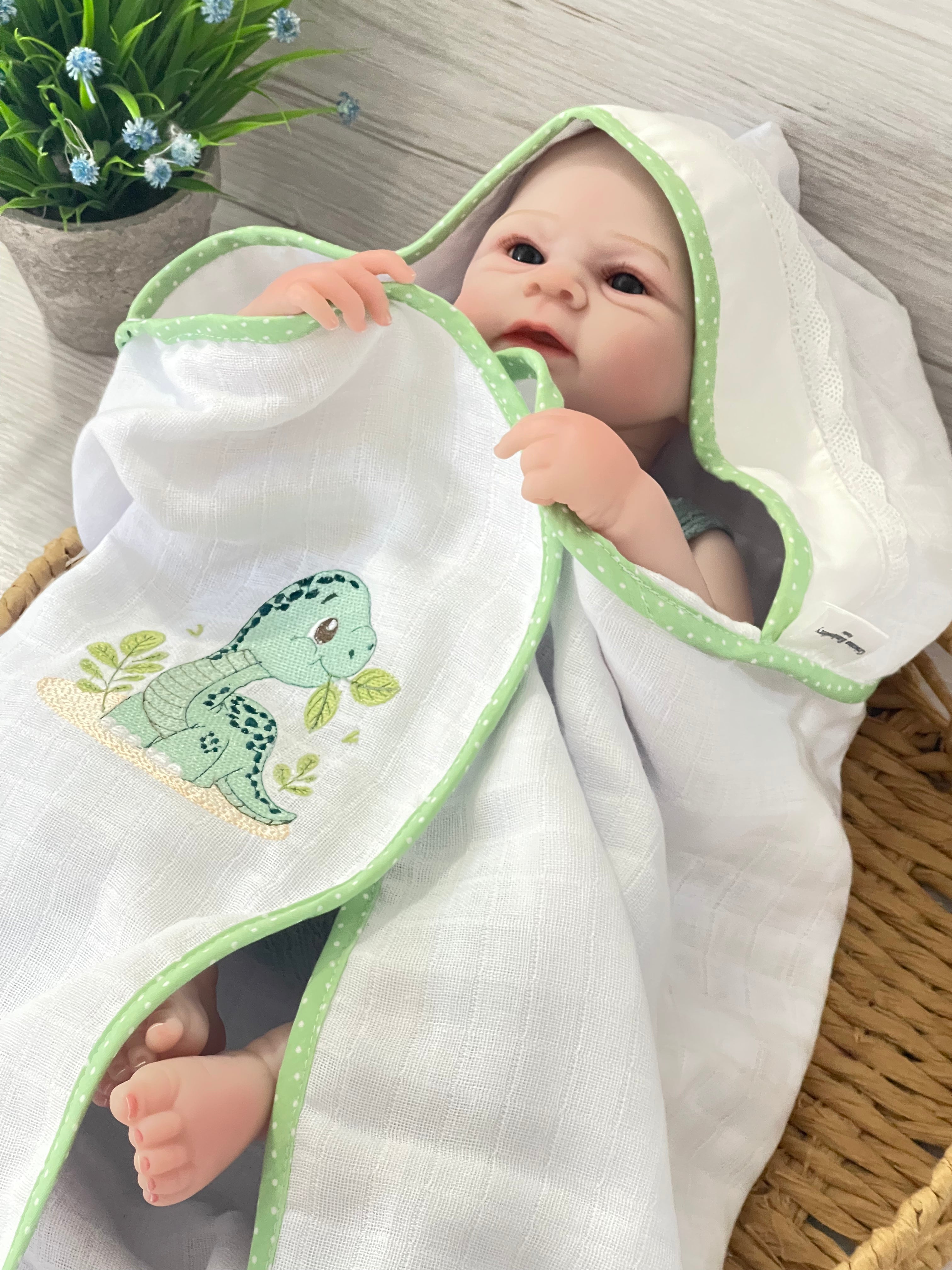 Embroidered Baby Gift Box – Handcrafted Hamper with 7 Essentials - Green Baby Dinosaur