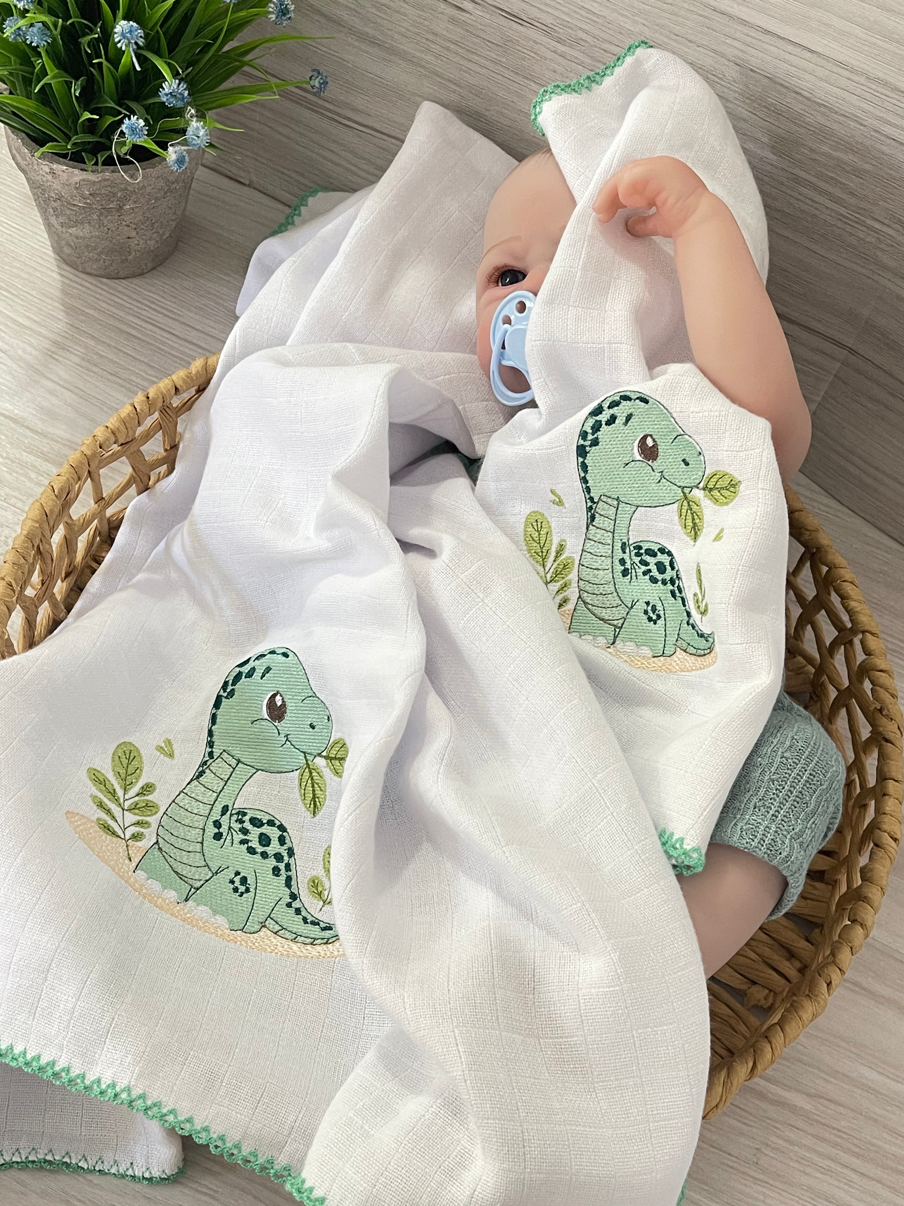 Embroidered Baby Gift Box – Handcrafted Hamper with 7 Essentials - Green Baby Dinosaur