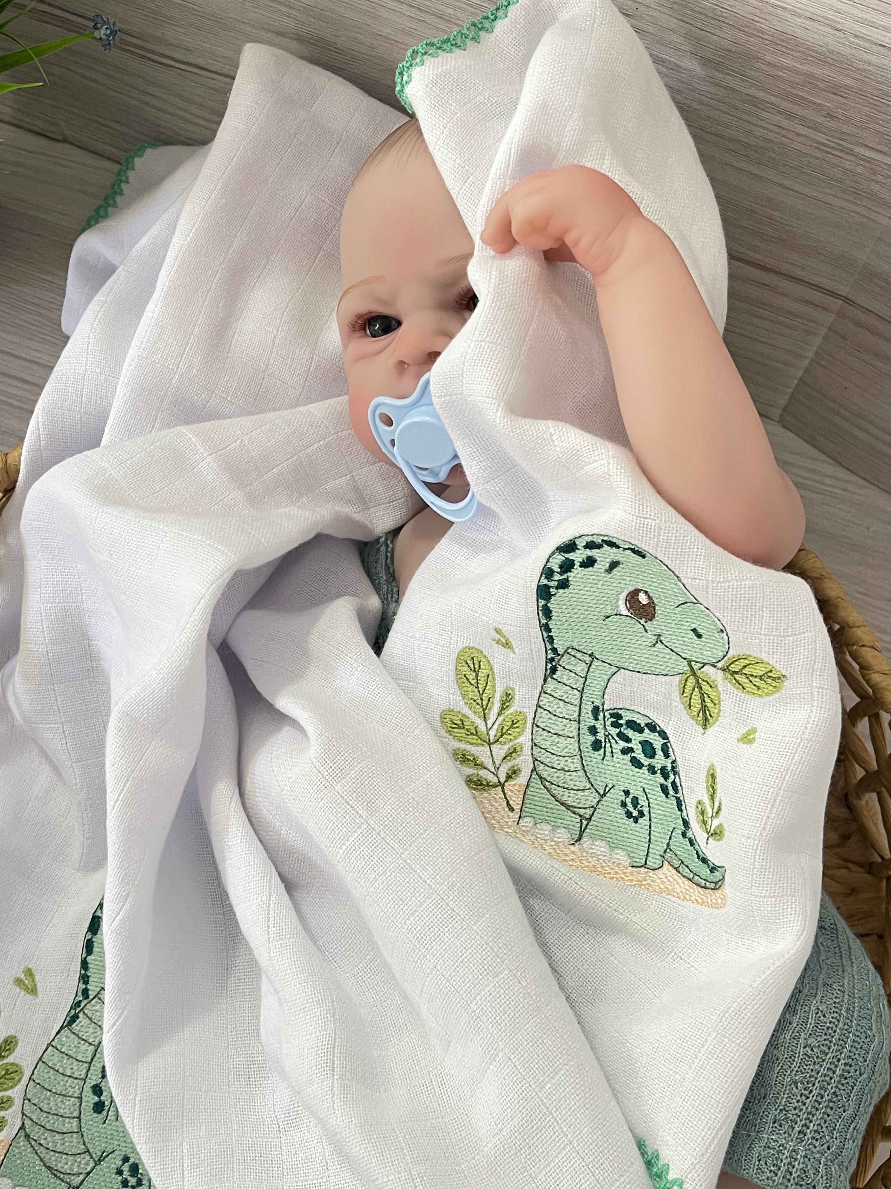 Embroidered Baby Gift Box – Handcrafted Hamper with 7 Essentials - Green Baby Dinosaur