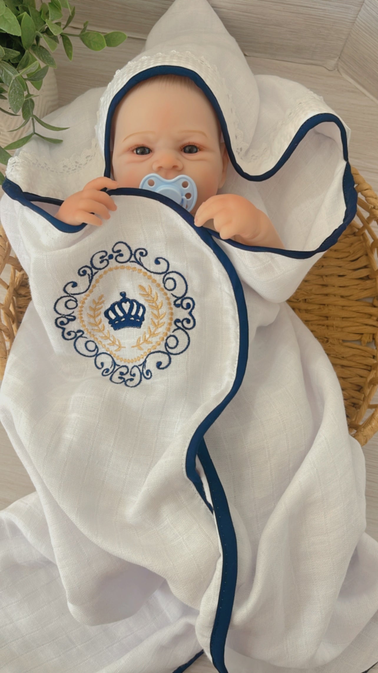 Embroidered Baby Gift Box – Handcrafted Hamper with 7 Essentials - Navy Blue Crown Frame