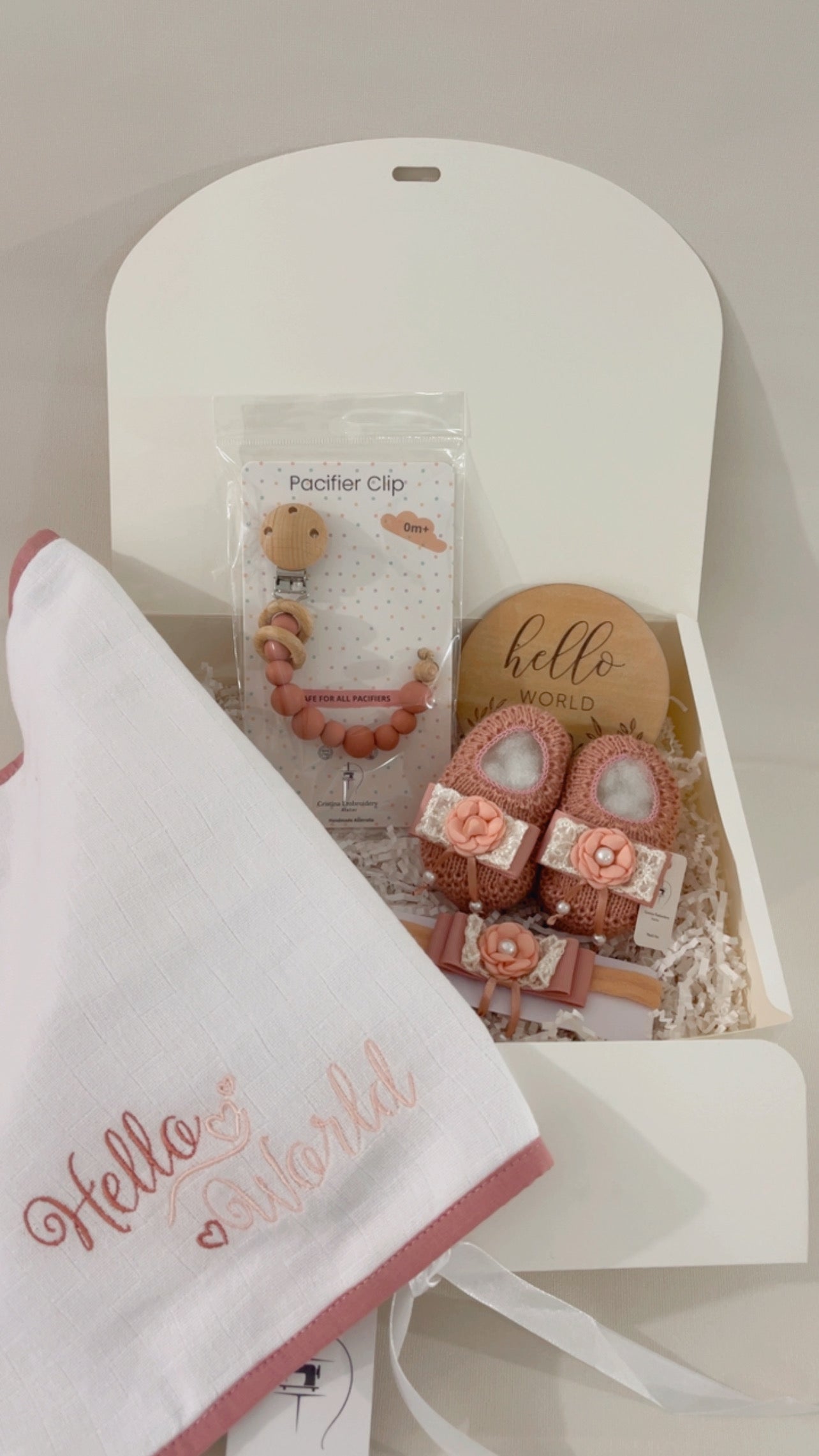 "Hello World"  Gift Box Baby Girl / Lace Pearl Bow Rose