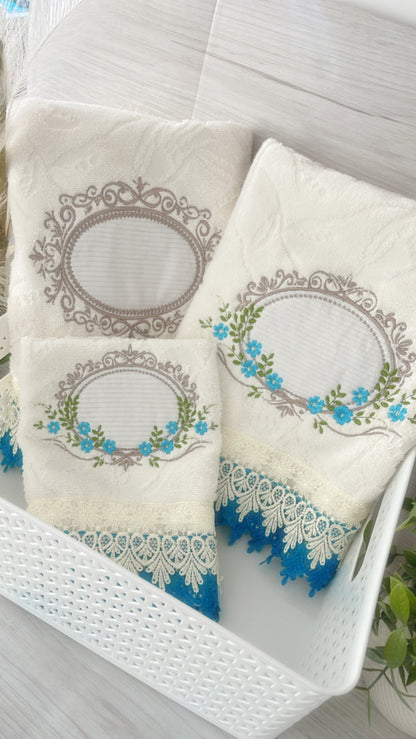 Embroidery Bath Towels Set Invory/ Turquoise