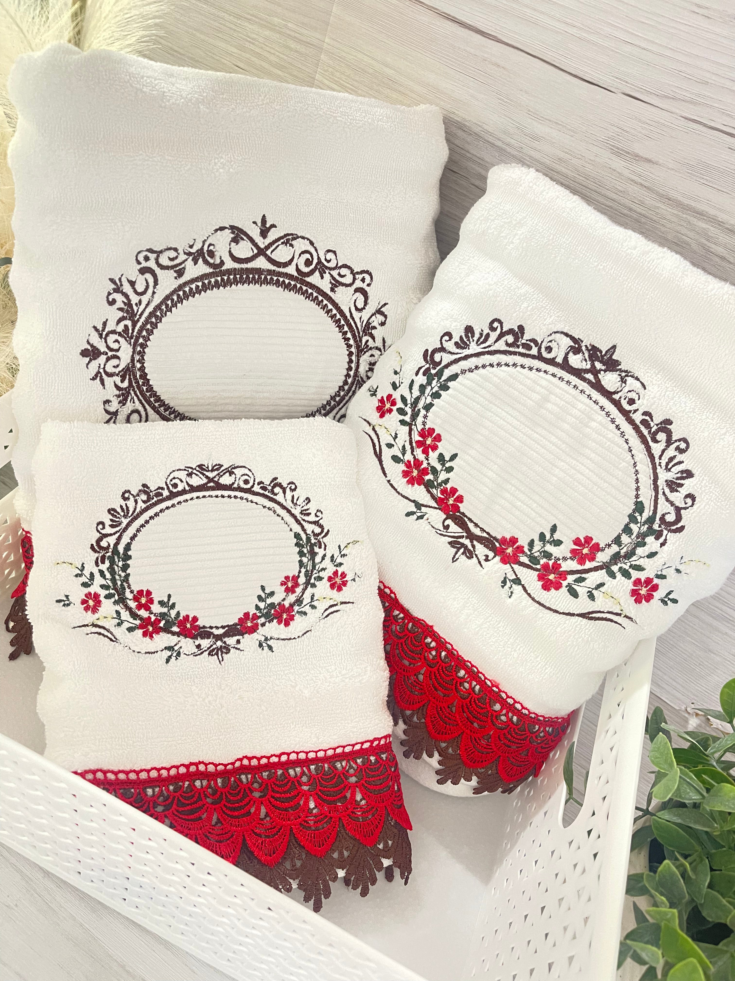 Embroidery Bath Towels Set White Red Flowers