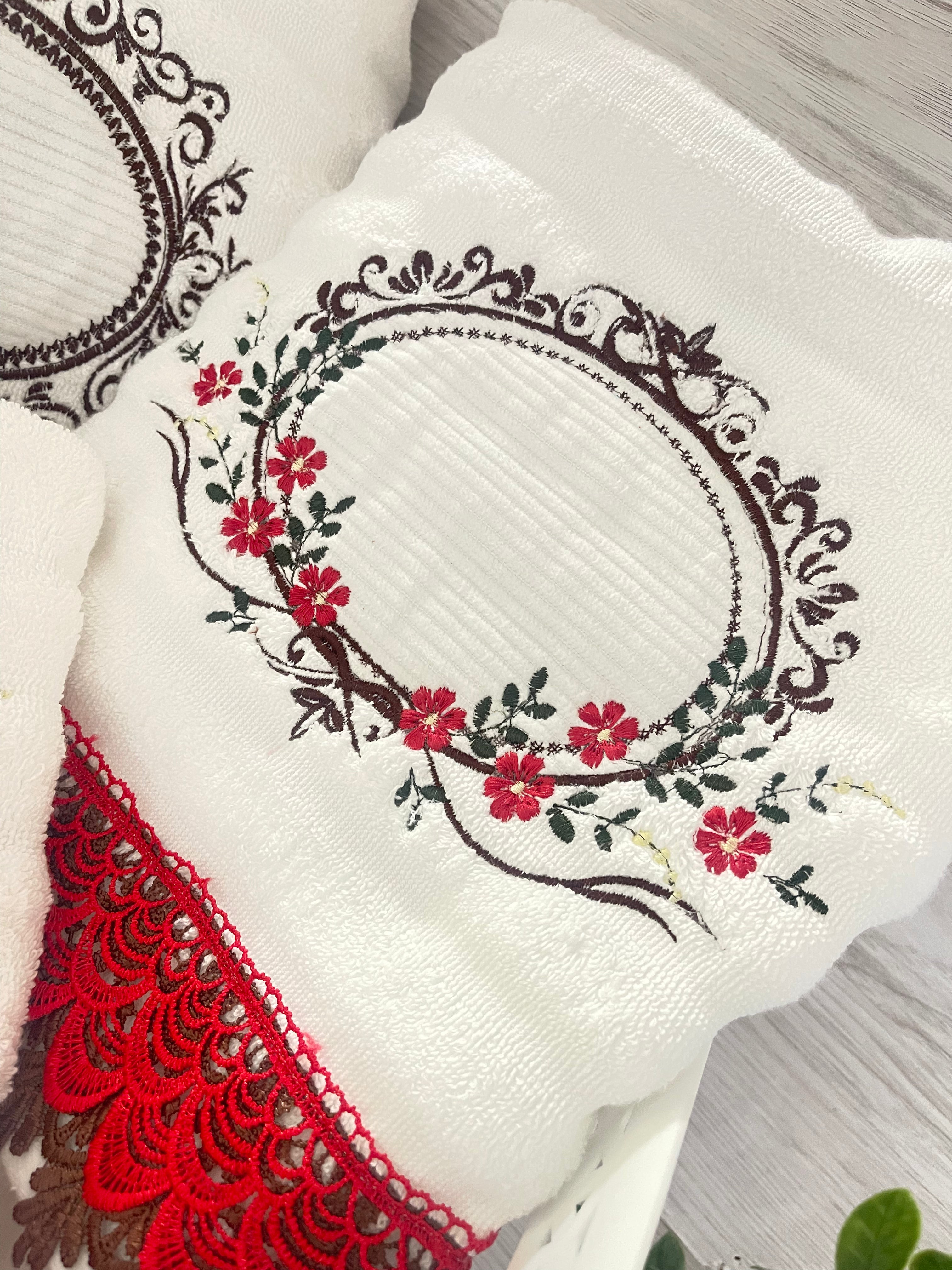 Embroidery Bath Towels Set White Red Flowers
