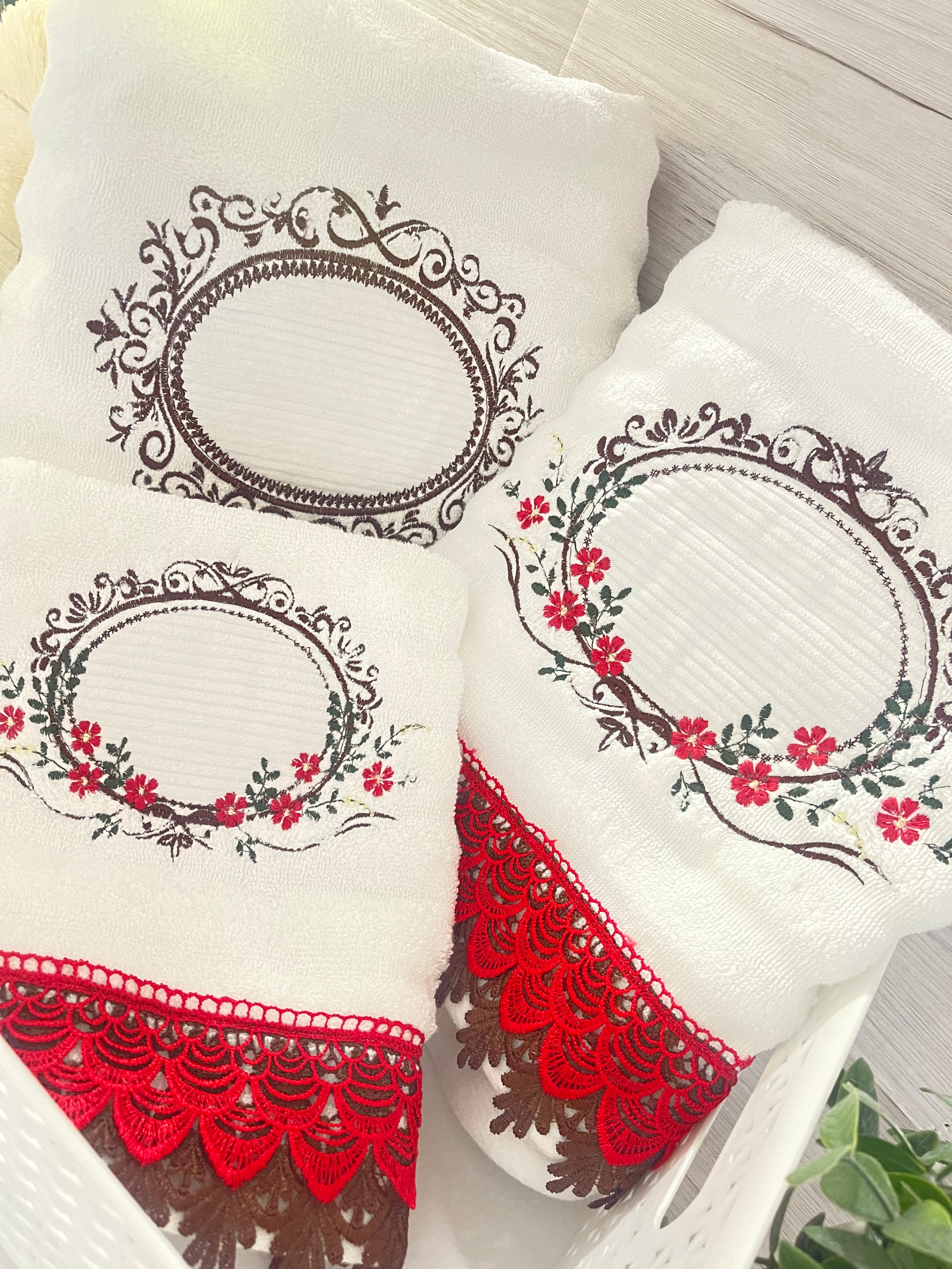 Embroidery Bath Towels Set White Red Flowers