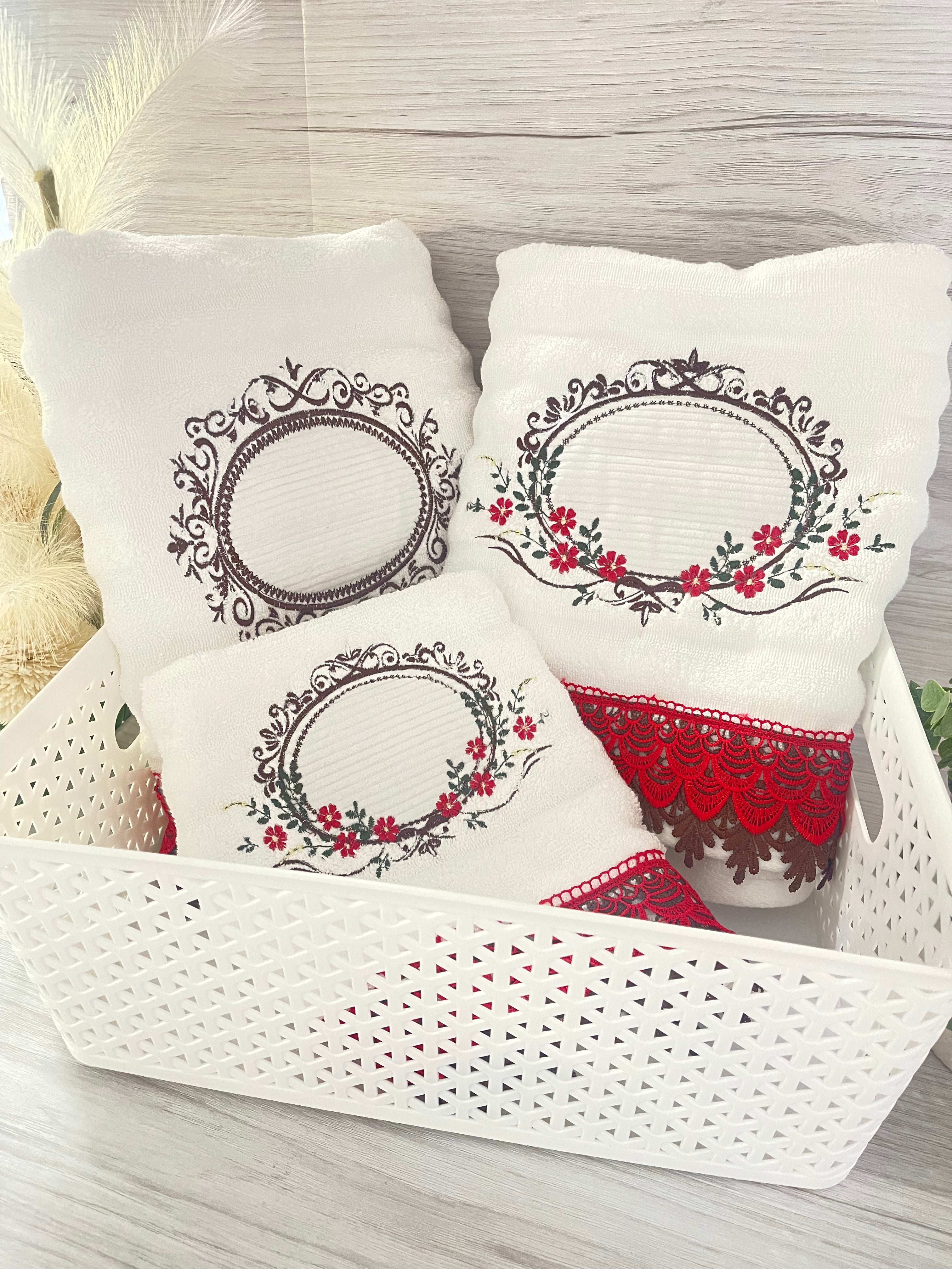 Embroidery Bath Towels Set White Red Flowers