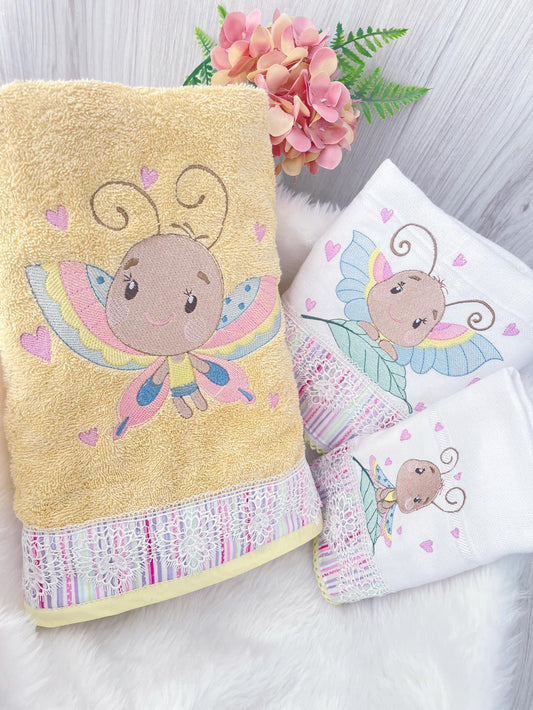 Yellow Bath Towel Set for Baby– Butterfly Embroidery