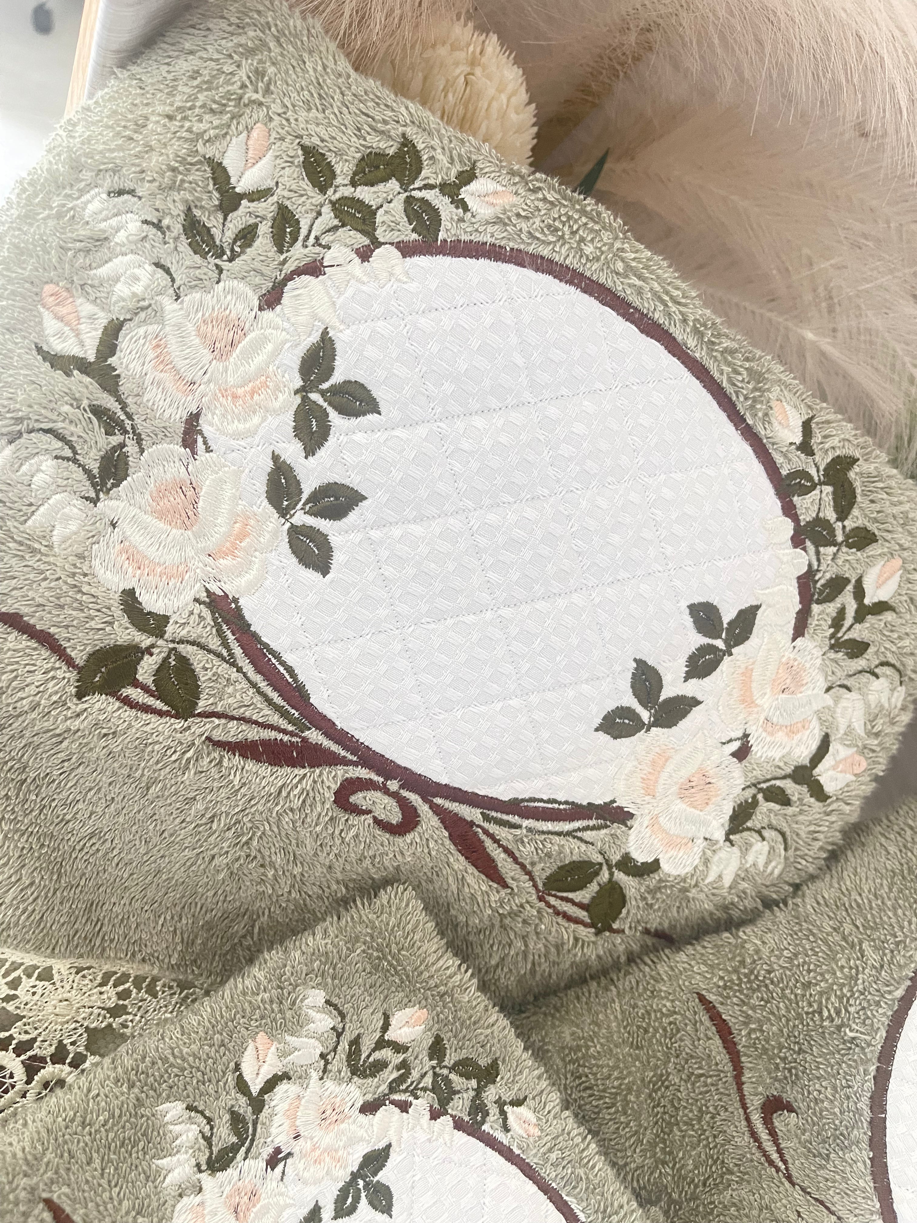 Olive Green Embroidery Bath Towels Set 3 pcs