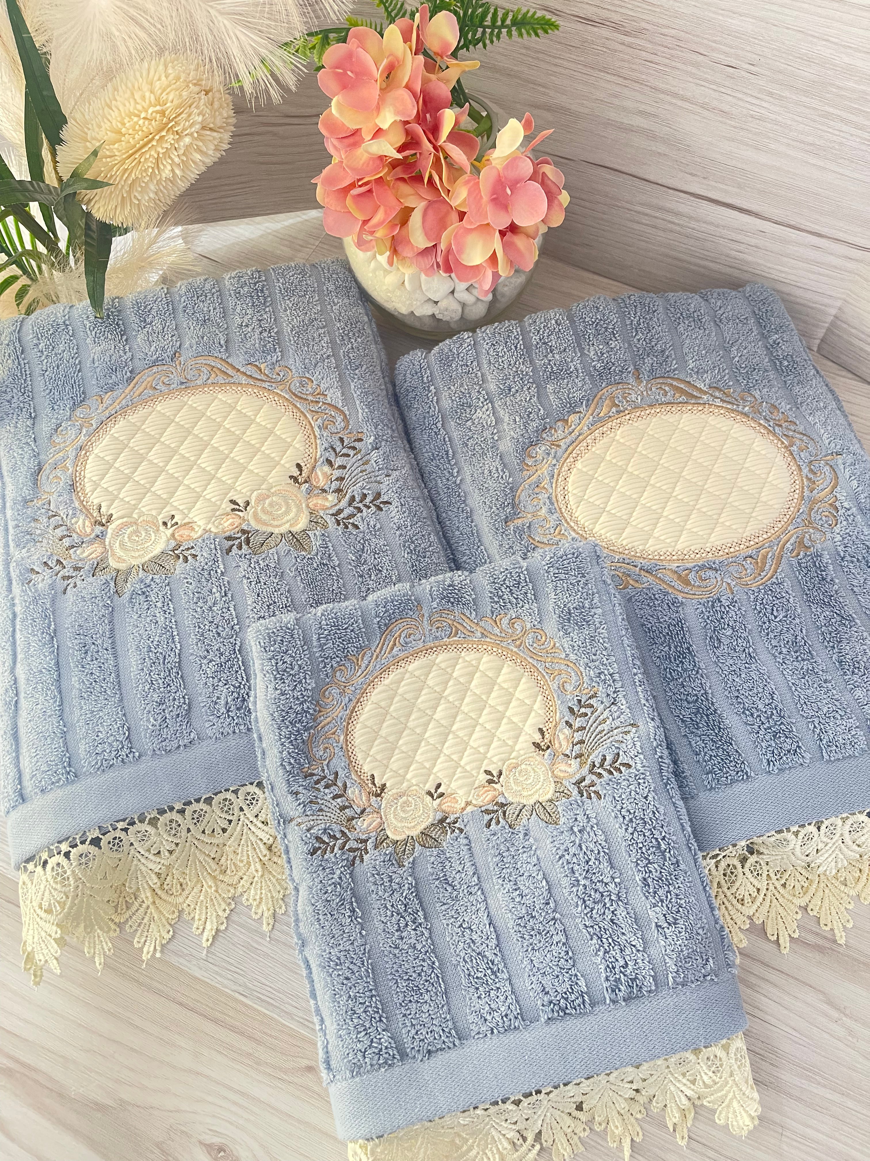 Blue Embroidery Bath Towels  Set 3 pcs
