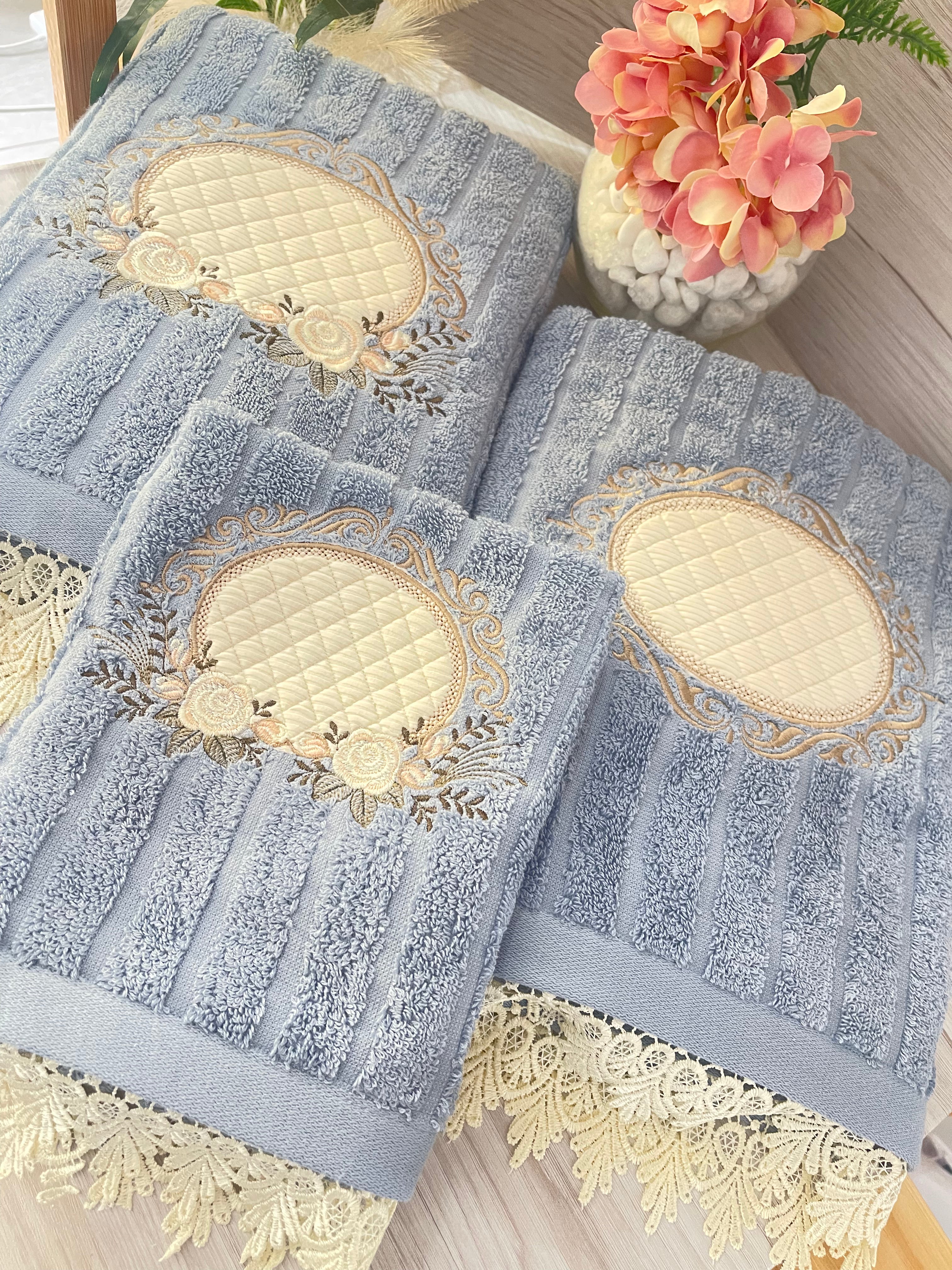 Blue Embroidery Bath Towels  Set 3 pcs