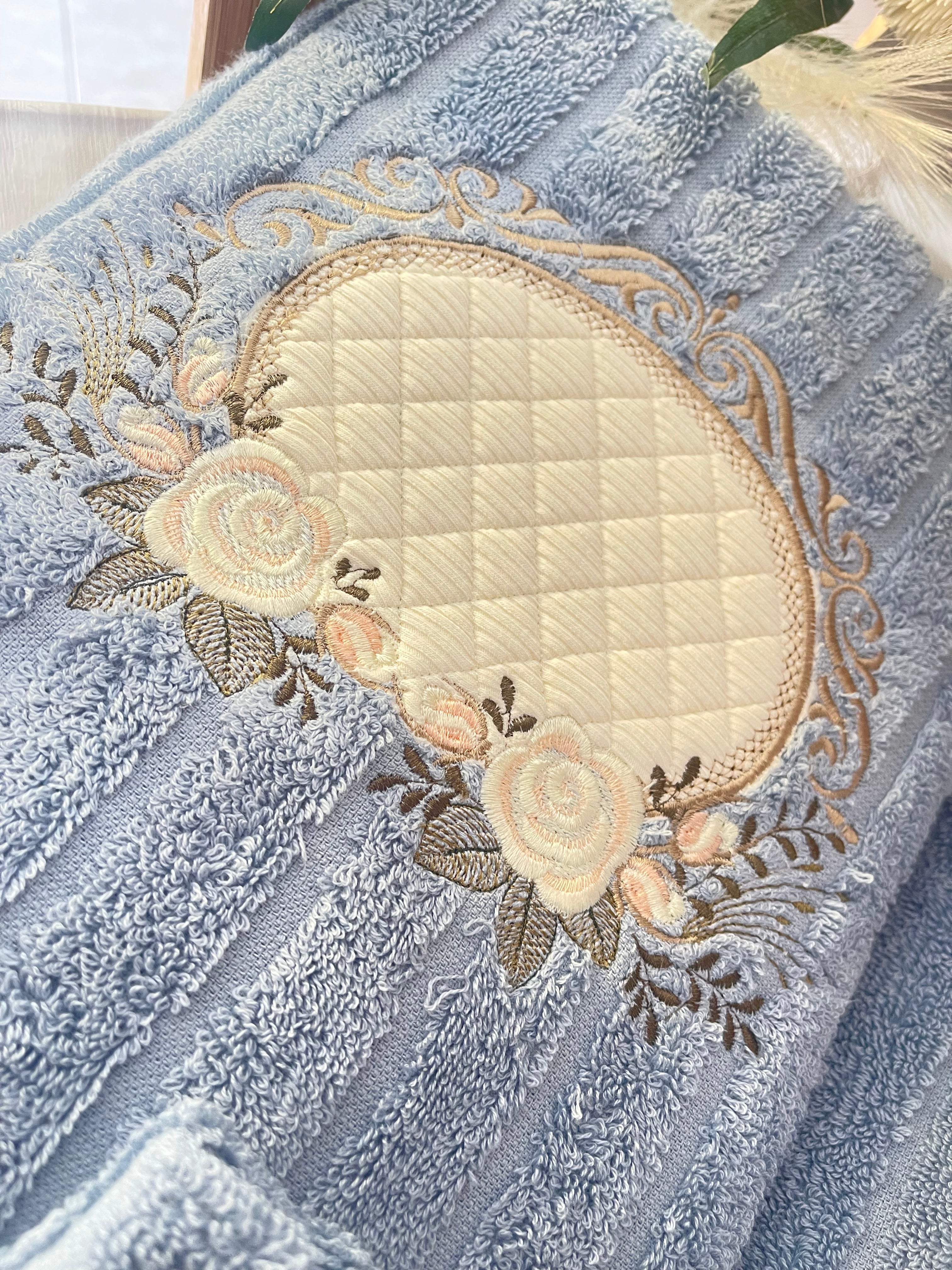Blue Embroidery Bath Towels  Set 3 pcs