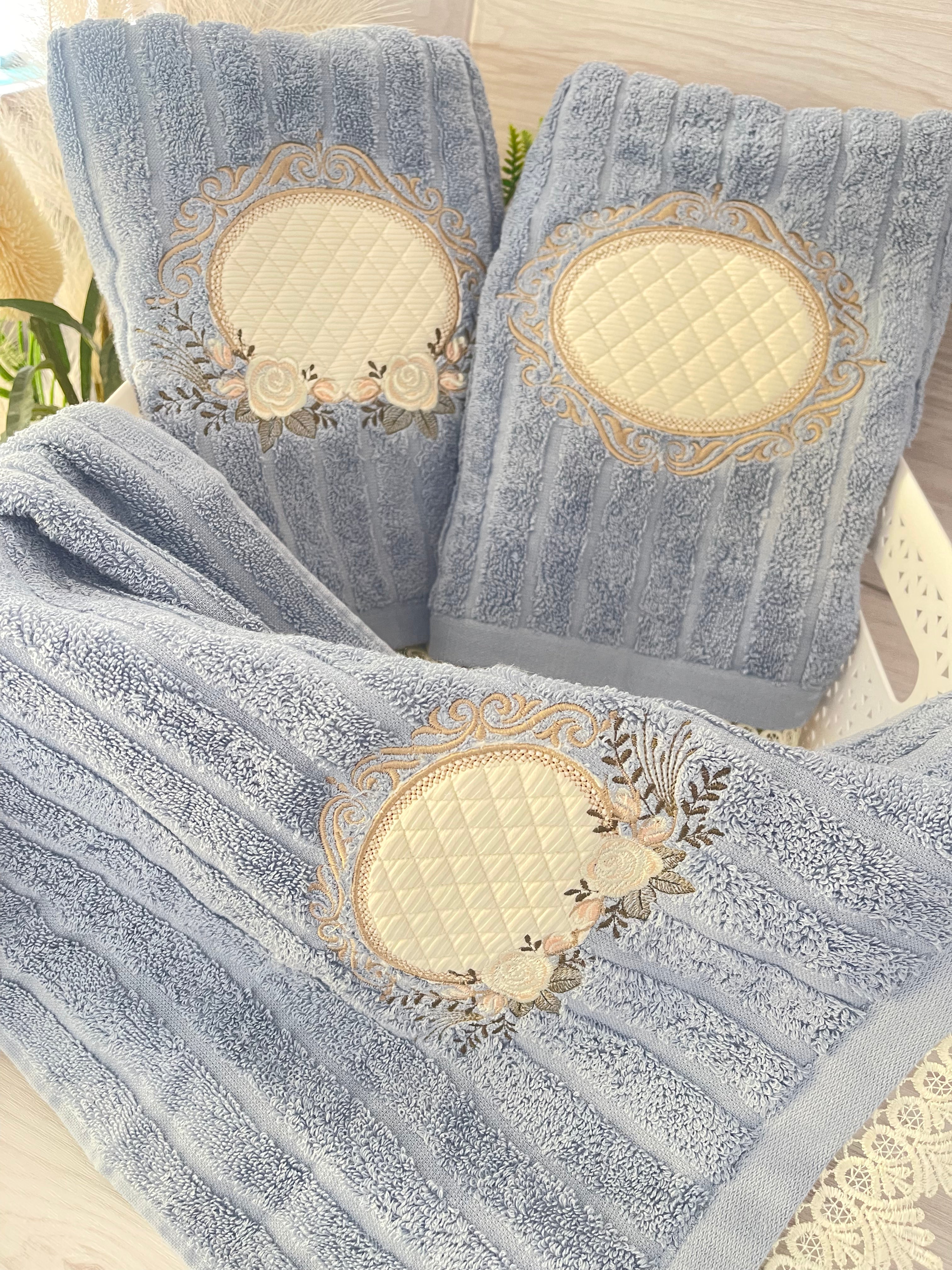 Blue Embroidery Bath Towels  Set 3 pcs