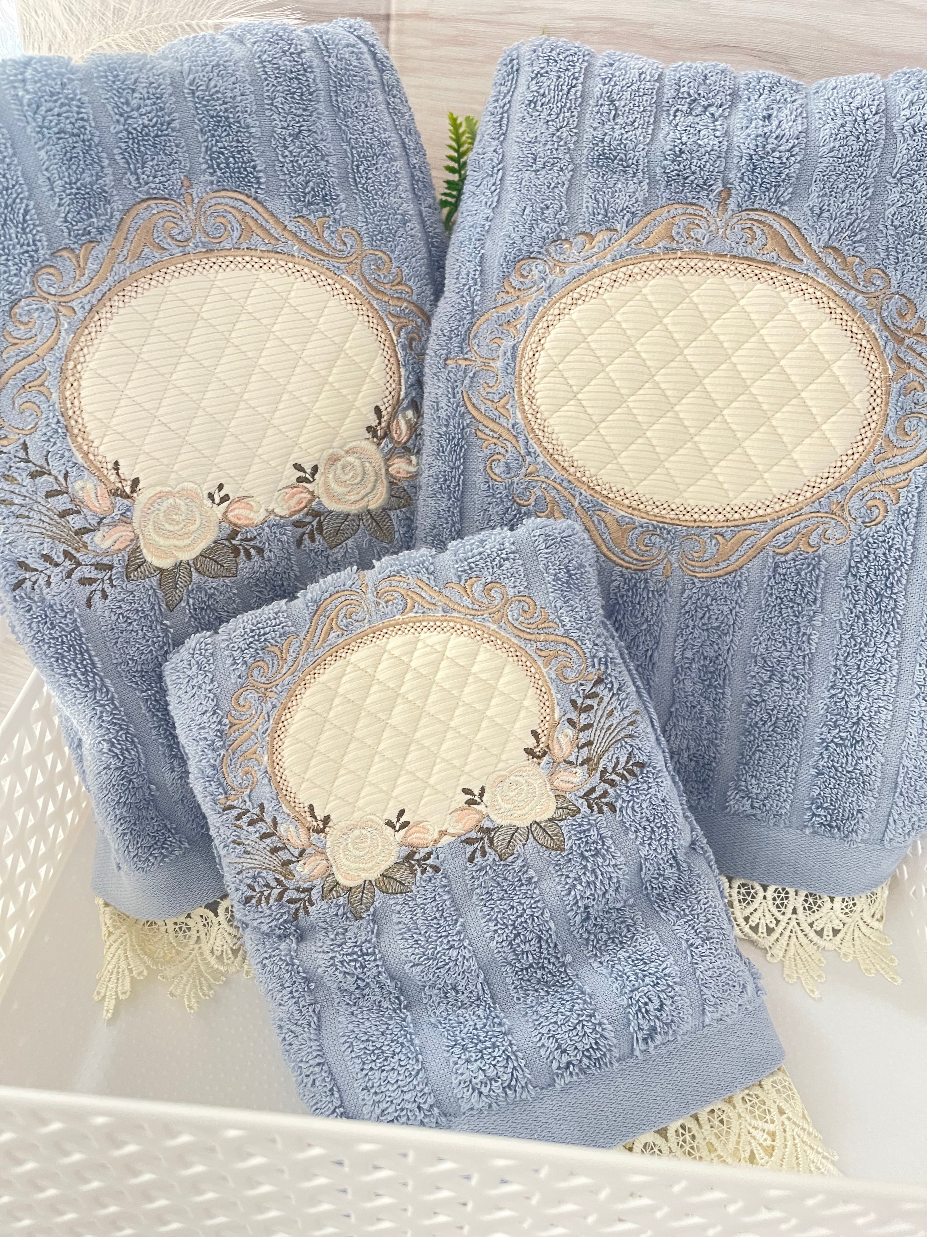 Blue Embroidery Bath Towels  Set 3 pcs