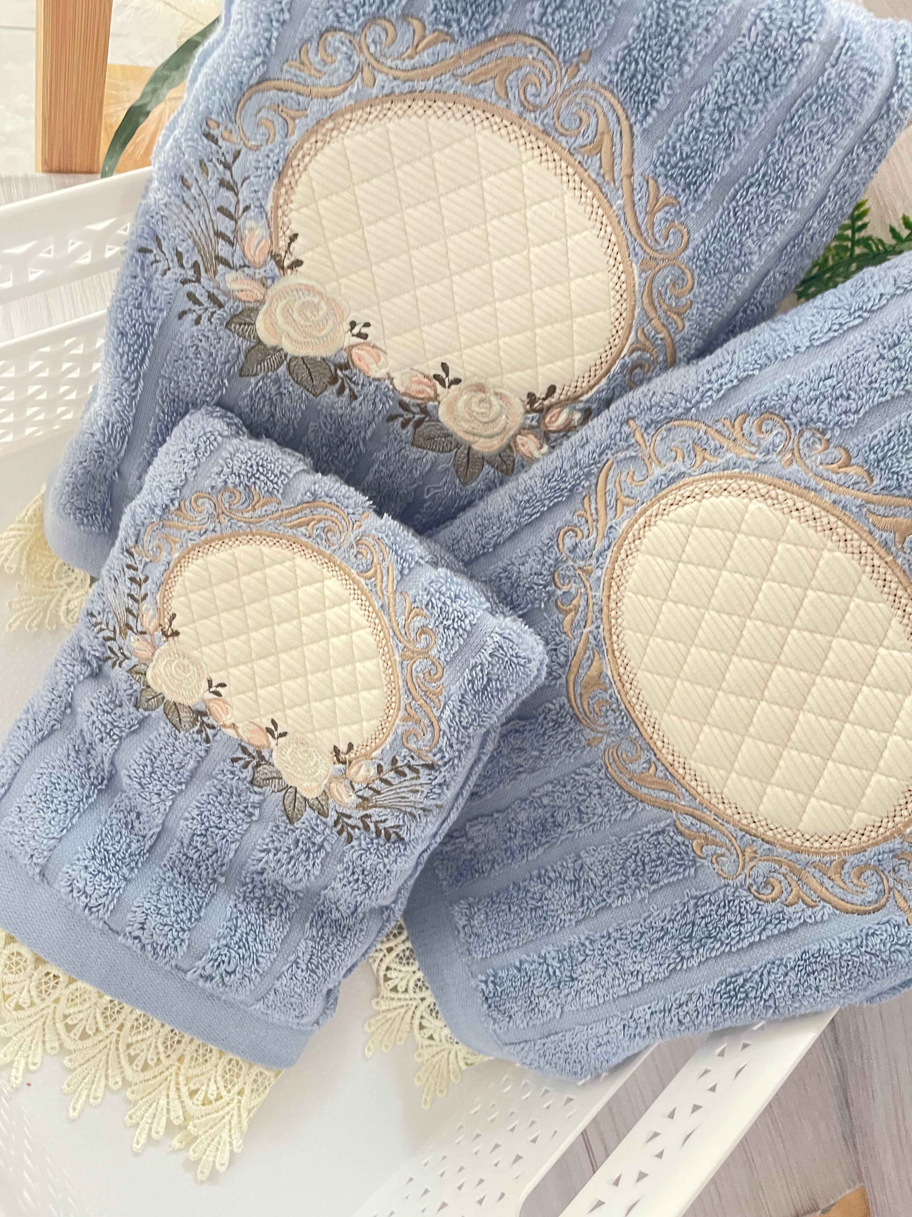 Blue Embroidery Bath Towels  Set 3 pcs