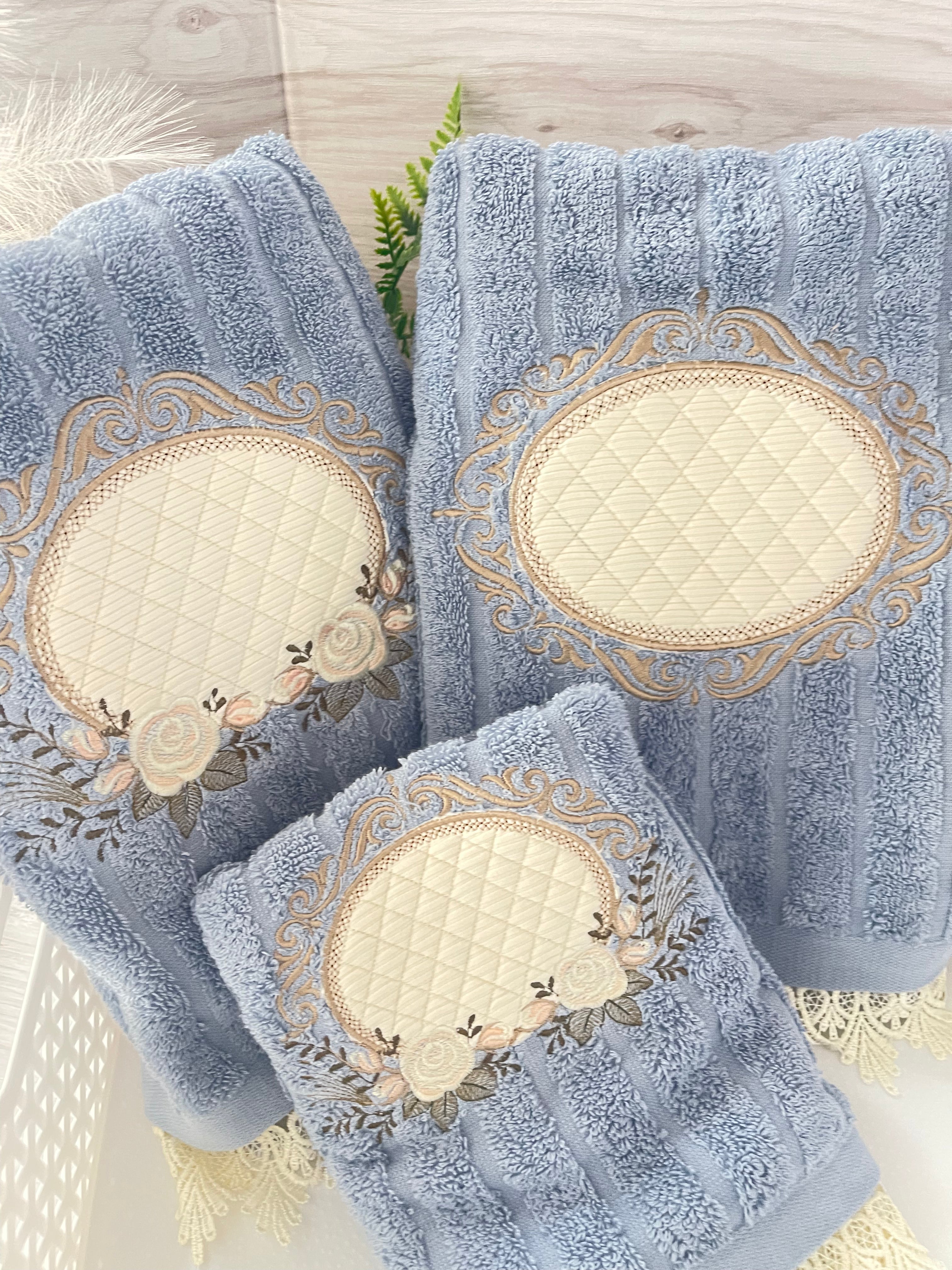 Blue Embroidery Bath Towels  Set 3 pcs